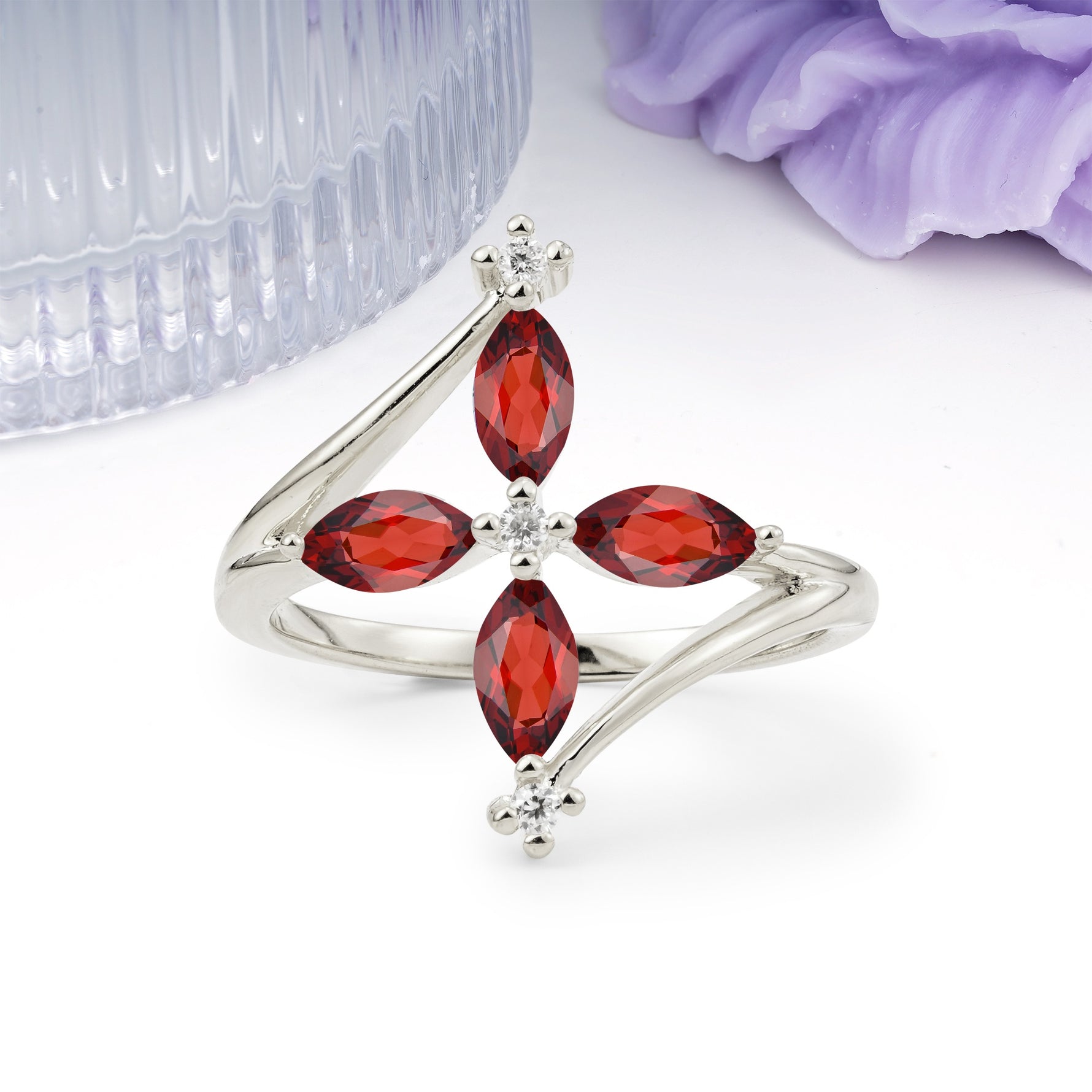 Four Marquise Cut Cross Flower Garnet Wedding Ring - Additional view