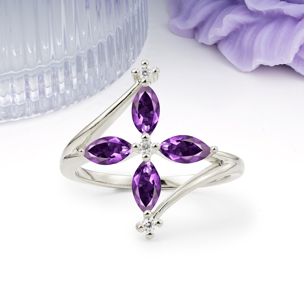 Four Marquise Cut Cross Flower Amethyst Wedding Ring - Additional view