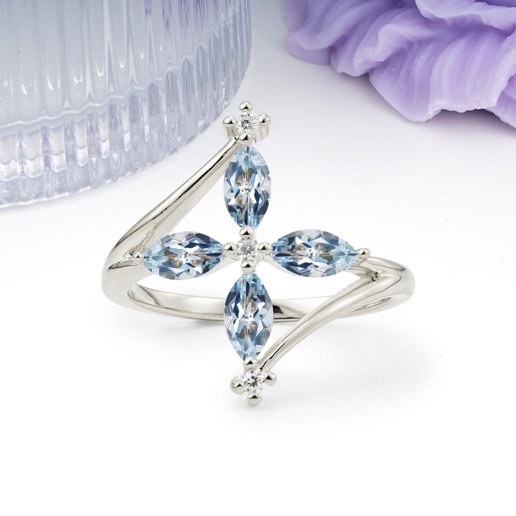 Four Marquise Cut Cross Flower Aquamarine Wedding Ring - Additional view