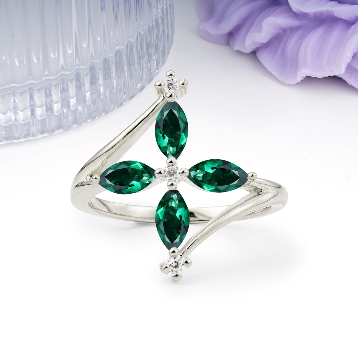 Four Marquise Cut Cross Flower Emerald Wedding Ring - Additional view