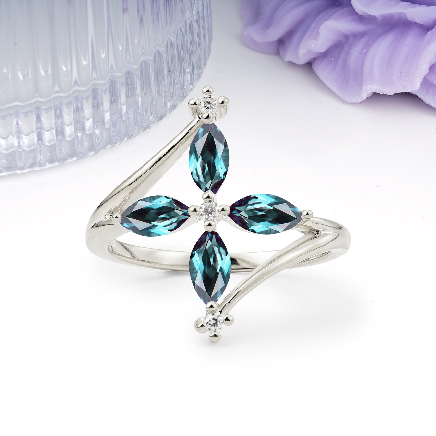 Four Marquise Cut Cross Flower Alexandrite Wedding Ring - Additional view