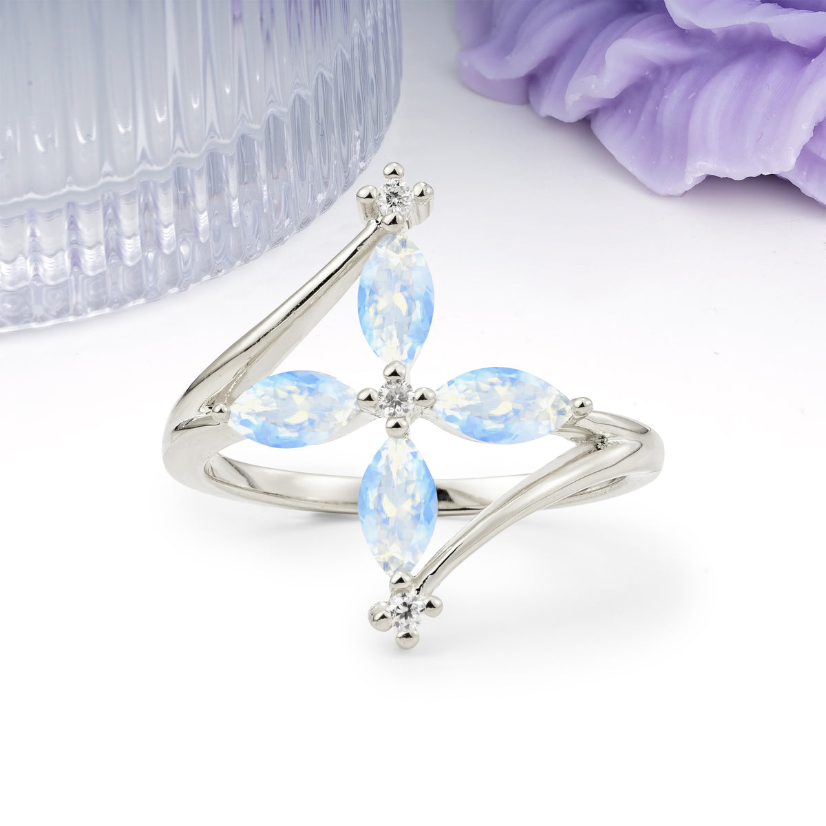 Four Marquise Cut Cross Flower Moonstone Wedding Ring - Additional view