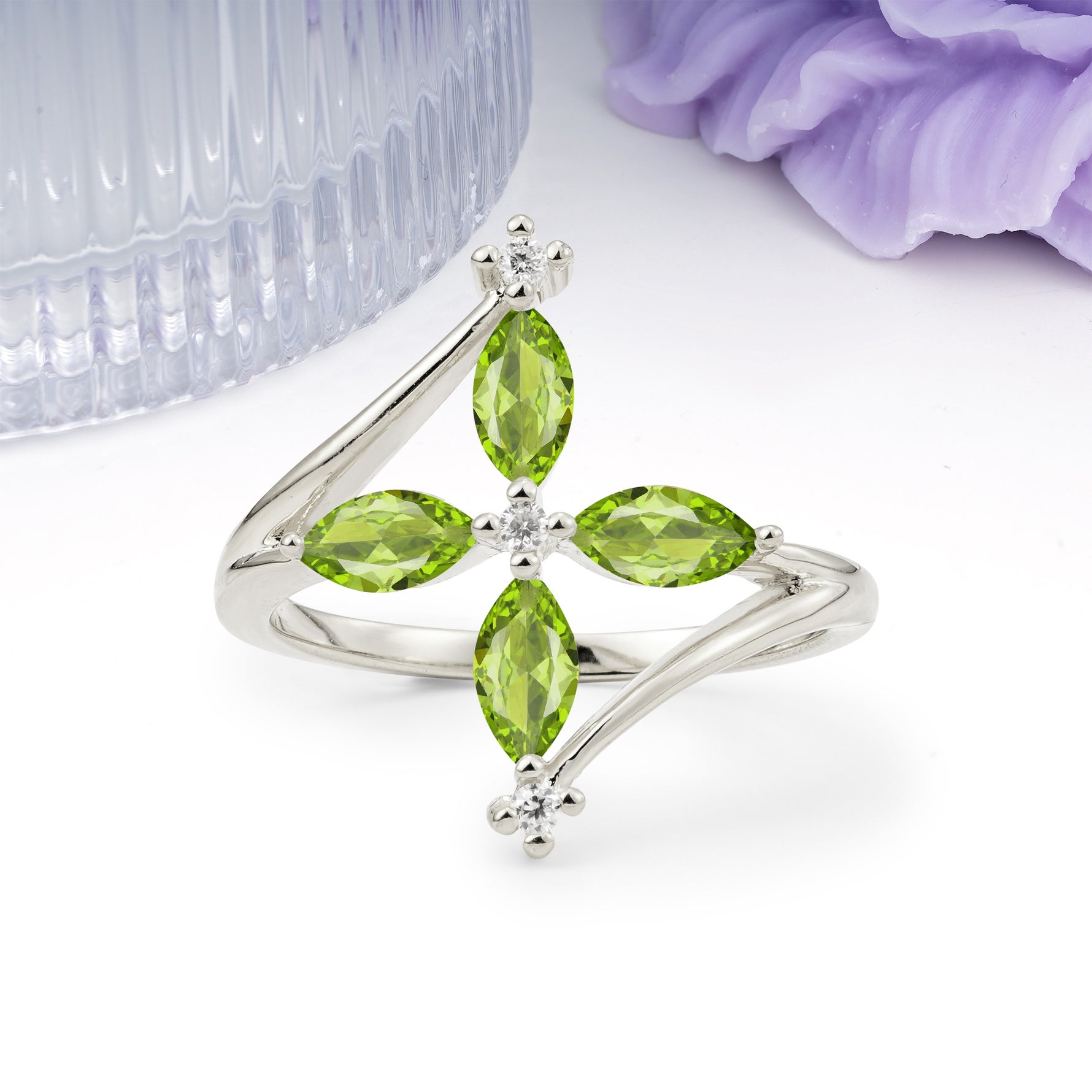 Four Marquise Cut Cross Flower Peridot Wedding Ring - Additional view