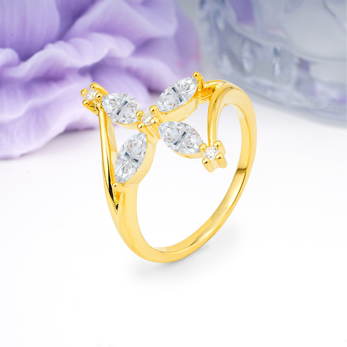 Four Marquise Cut Cross Flower Moissanite Wedding Ring - Additional view