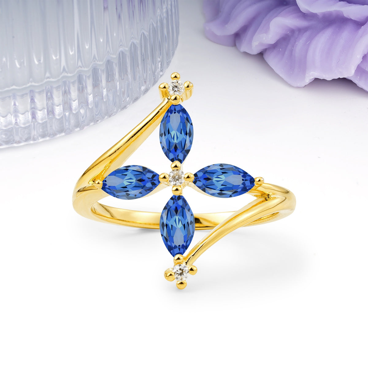 Four Marquise Cut Cross Flower Sapphire Wedding Ring - Additional view