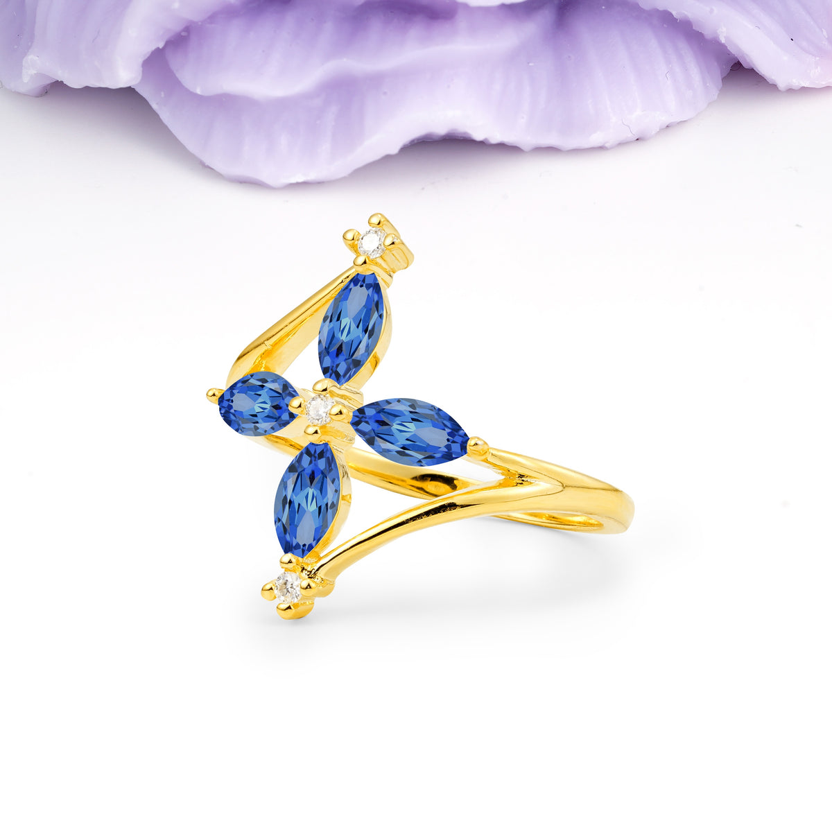 Four Marquise Cut Cross Flower Sapphire Wedding Ring - Additional view