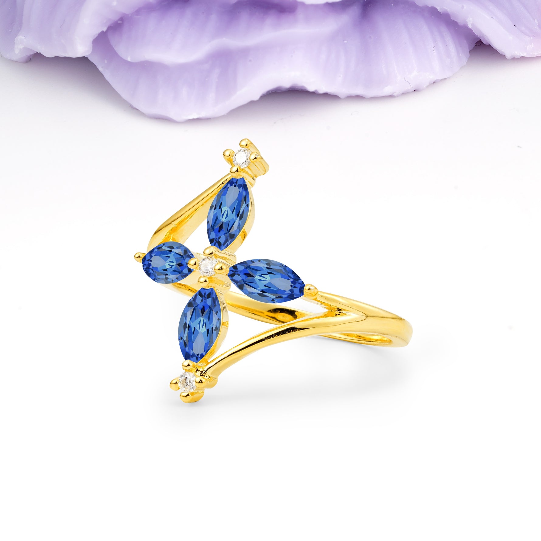 Four Marquise Cut Cross Flower Sapphire Wedding Ring - Additional view
