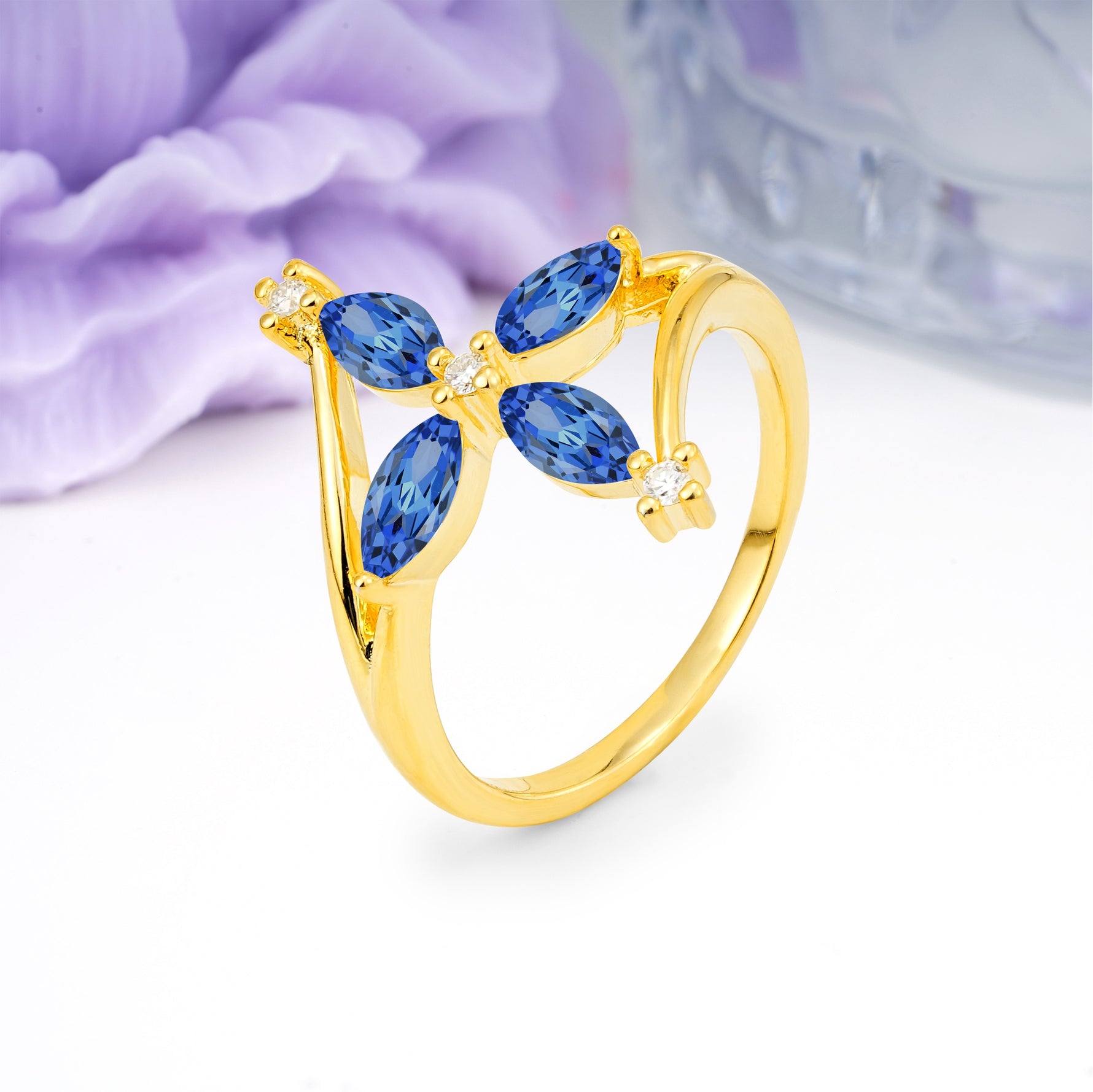 Four Marquise Cut Cross Flower Sapphire Wedding Ring - Additional view