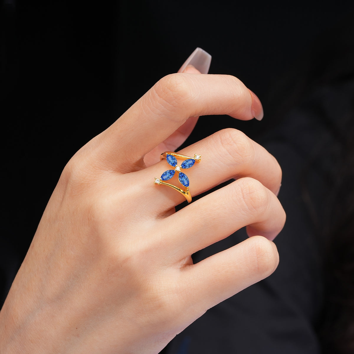 Four Marquise Cut Cross Flower Sapphire Wedding Ring - Additional view