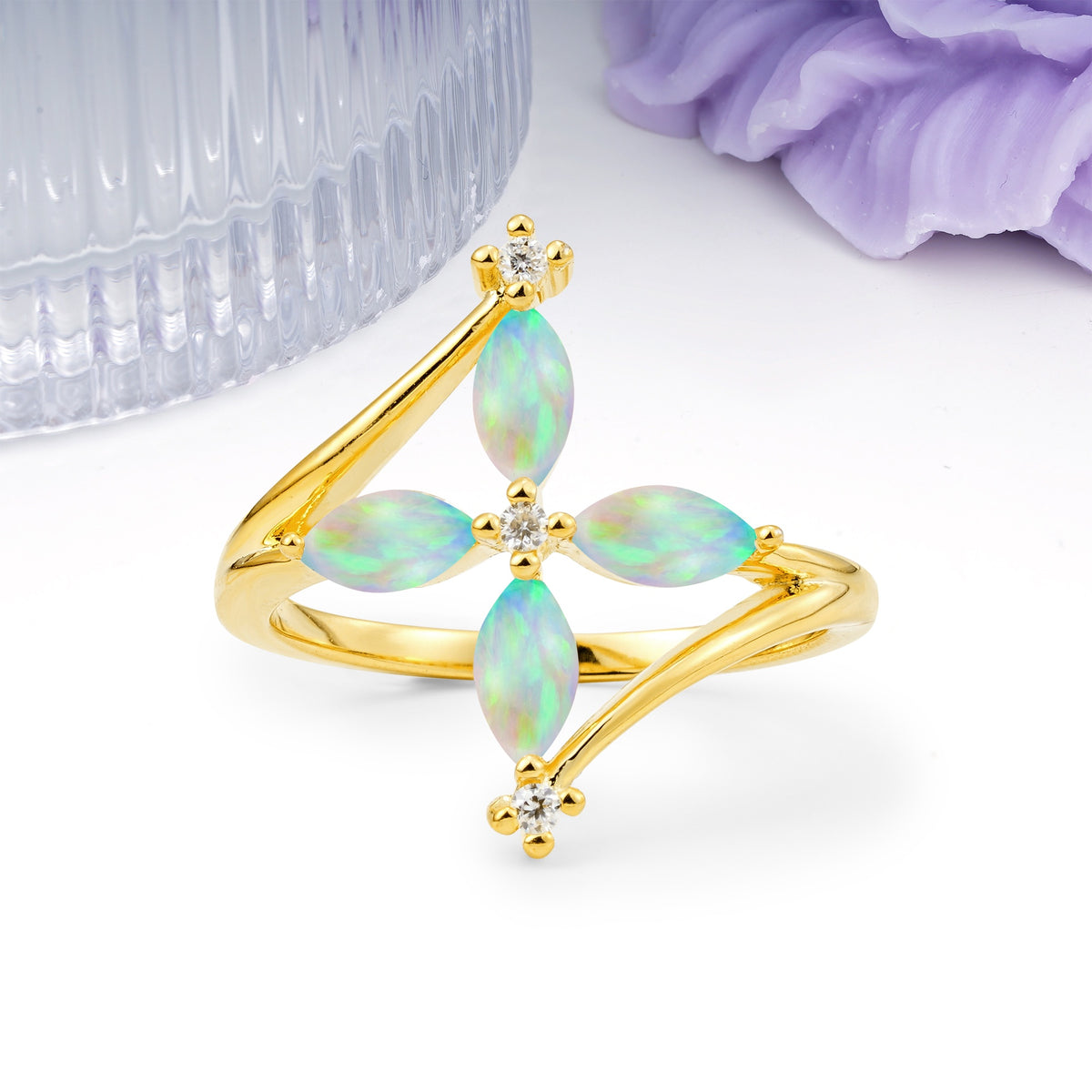 Four Marquise Cut Cross Flower Fire Opal Wedding Ring - Additional view