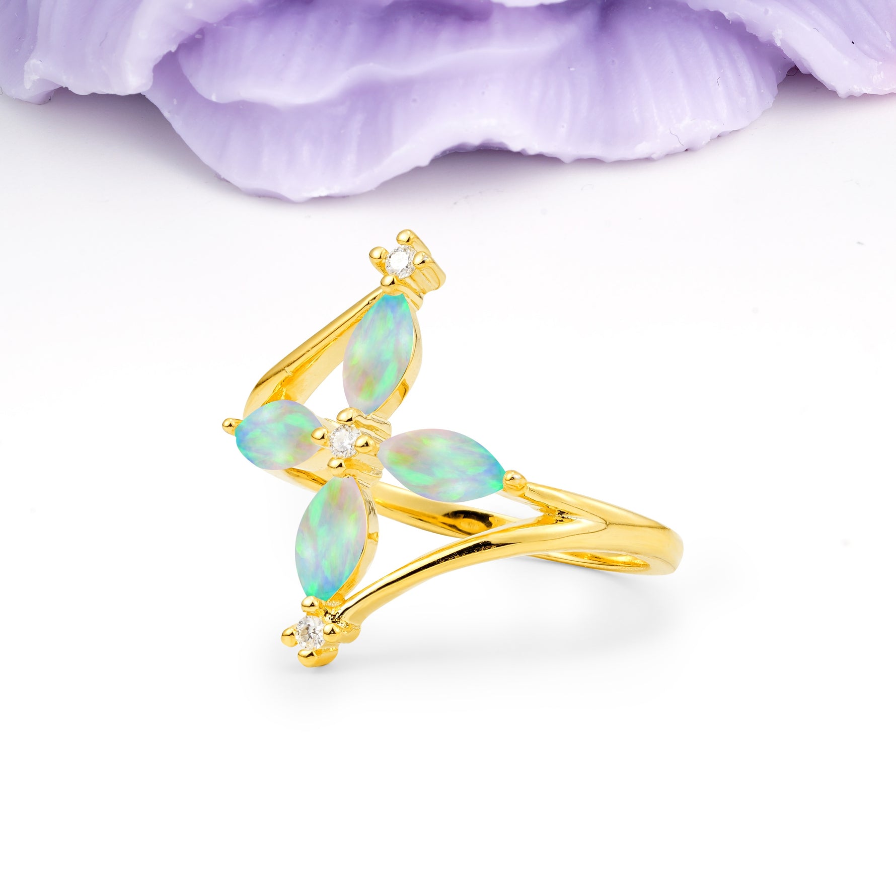 Four Marquise Cut Cross Flower Fire Opal Wedding Ring - Additional view