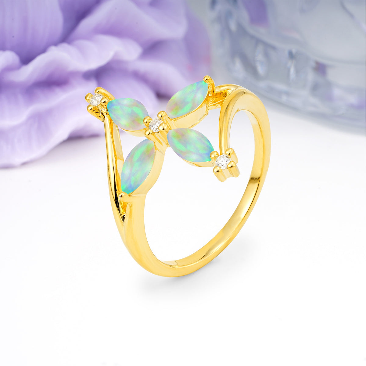Four Marquise Cut Cross Flower Fire Opal Wedding Ring - Additional view