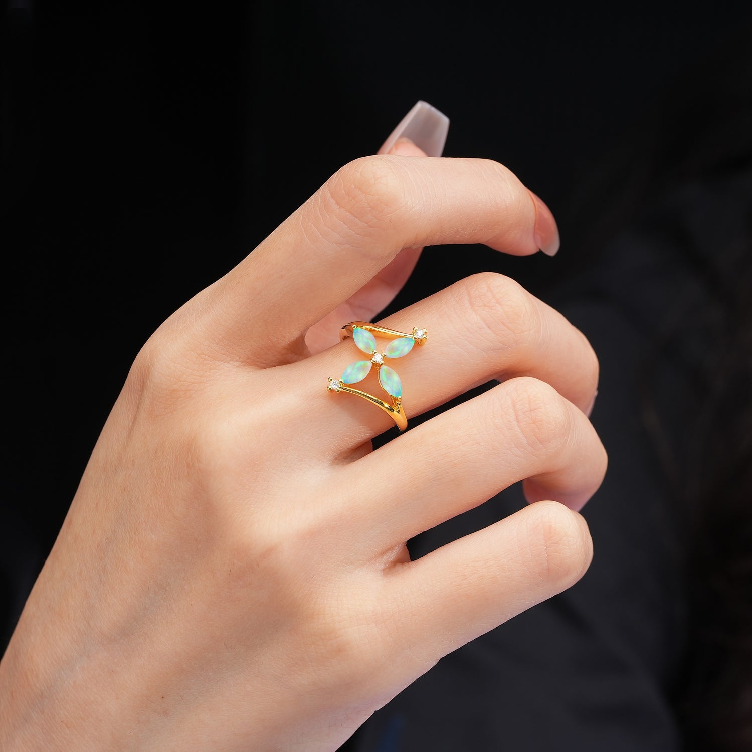 Four Marquise Cut Cross Flower Fire Opal Wedding Ring - Additional view