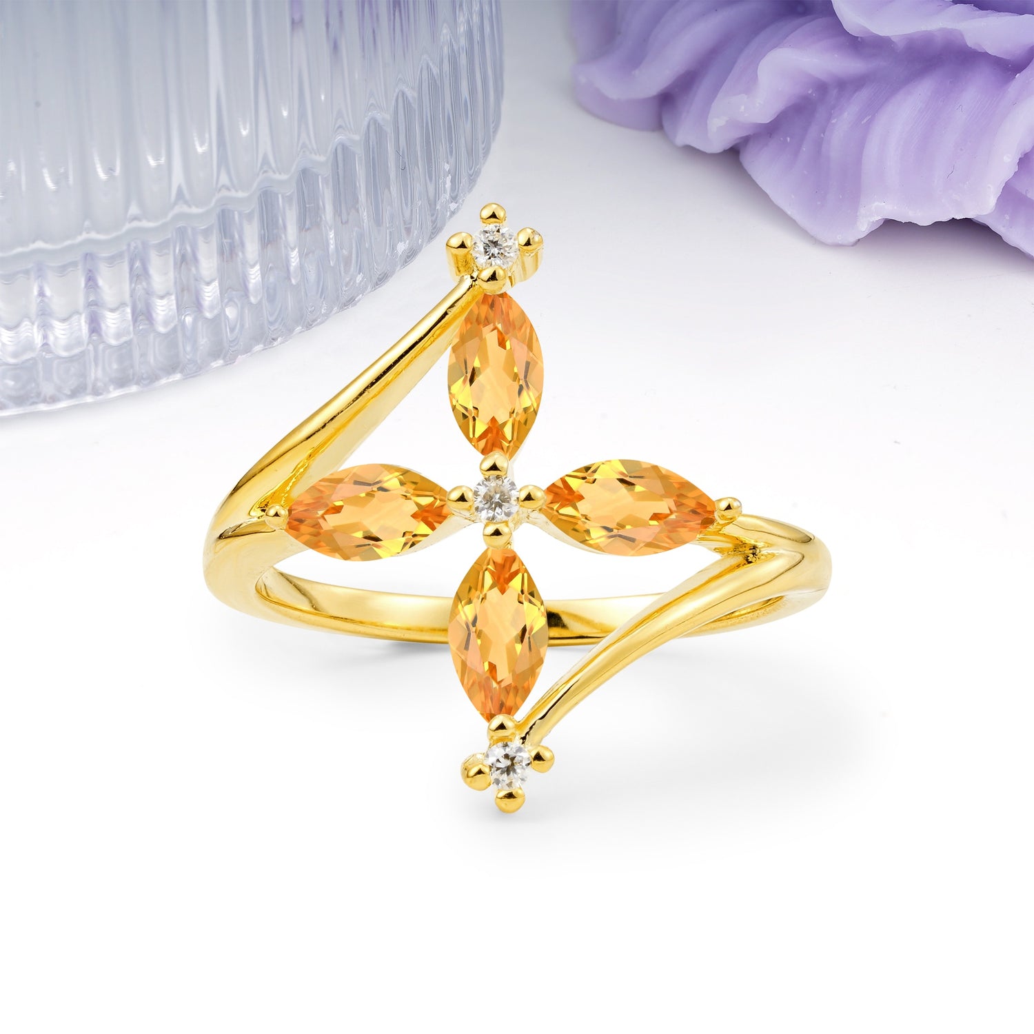 Four Marquise Cut Cross Flower Citrine Wedding Ring - Additional view