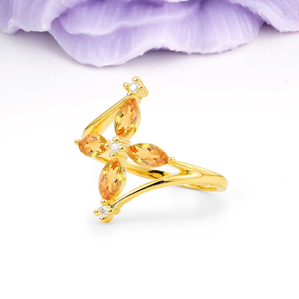 Four Marquise Cut Cross Flower Citrine Wedding Ring - Additional view