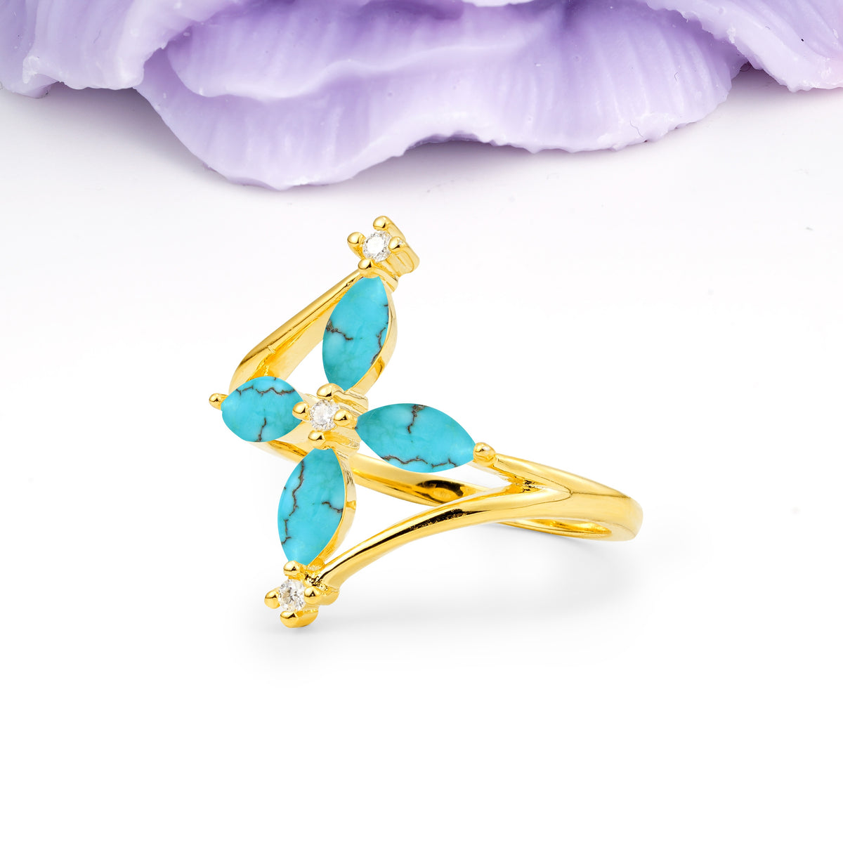 Four Marquise Cut Cross Flower Turquoise Wedding Ring - Additional view