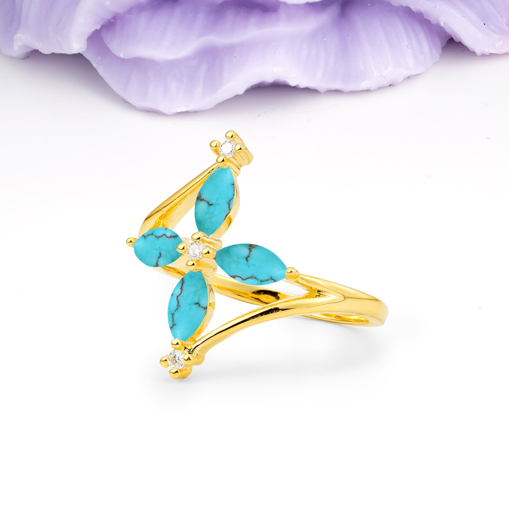 Four Marquise Cut Cross Flower Turquoise Wedding Ring - Additional view