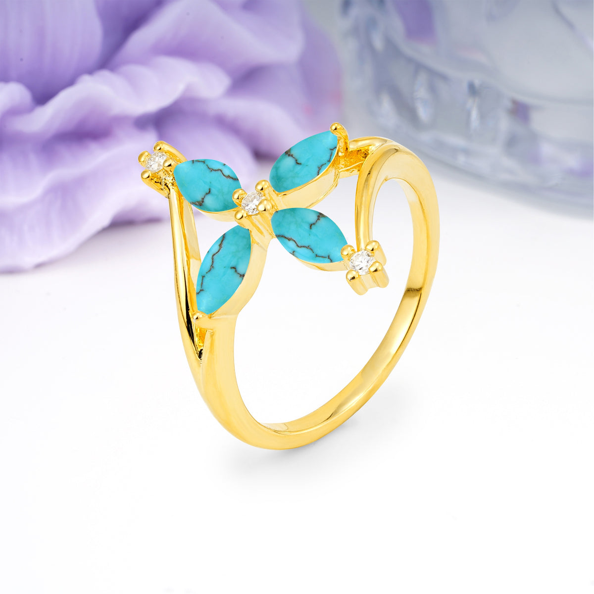 Four Marquise Cut Cross Flower Turquoise Wedding Ring - Additional view