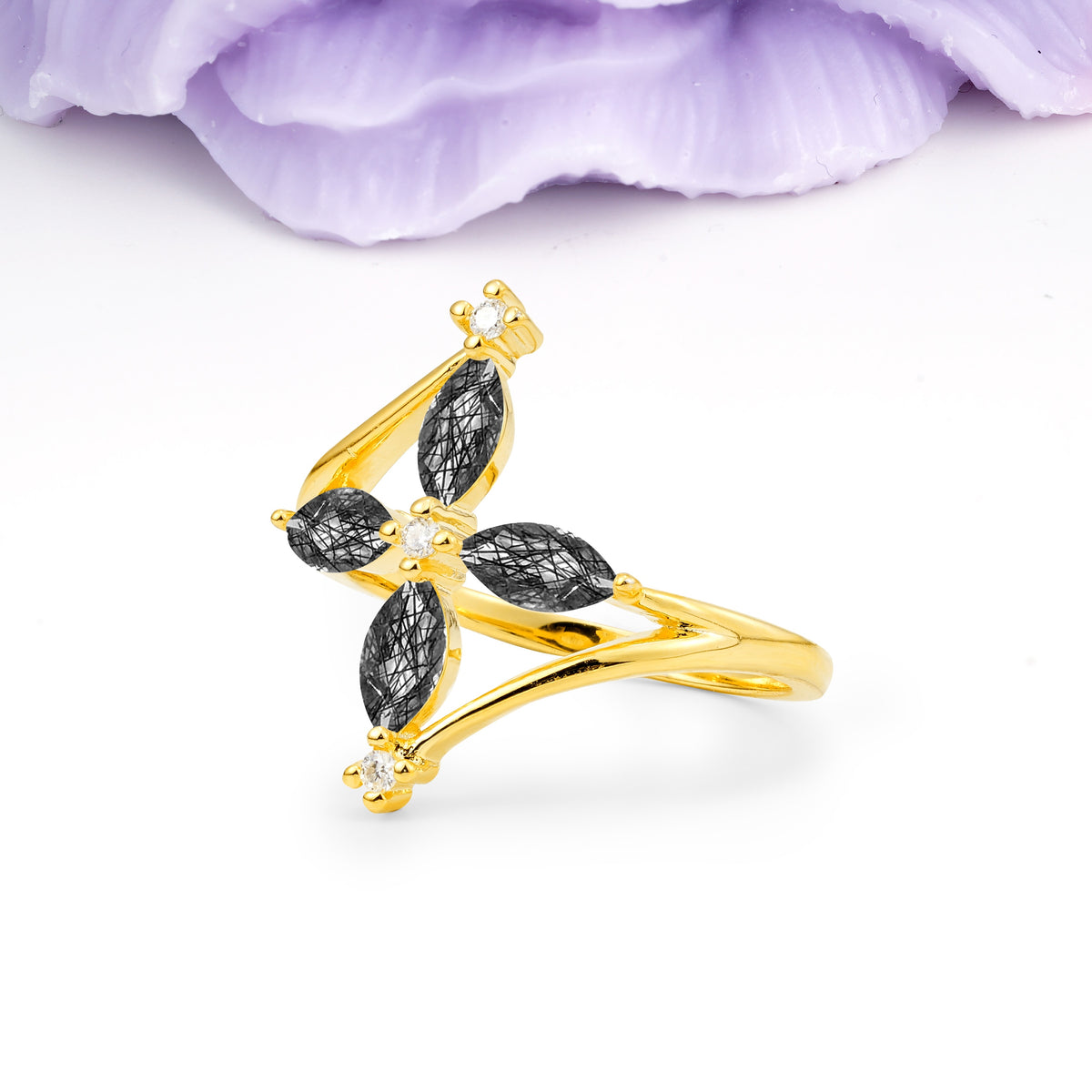 Four Marquise Cut Cross Flower Black Rutilated Quartz Wedding Ring - Additional view