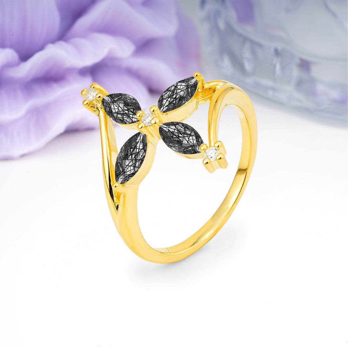 Four Marquise Cut Cross Flower Black Rutilated Quartz Wedding Ring - Additional view