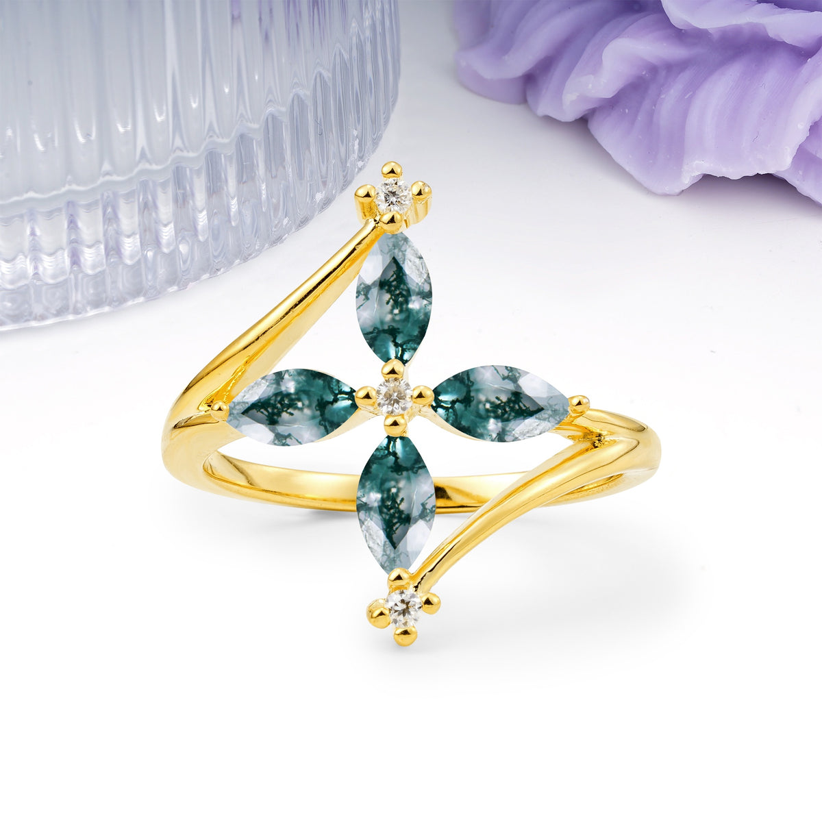 Four Marquise Cut Cross Flower Moss Agate Wedding Ring - Additional view