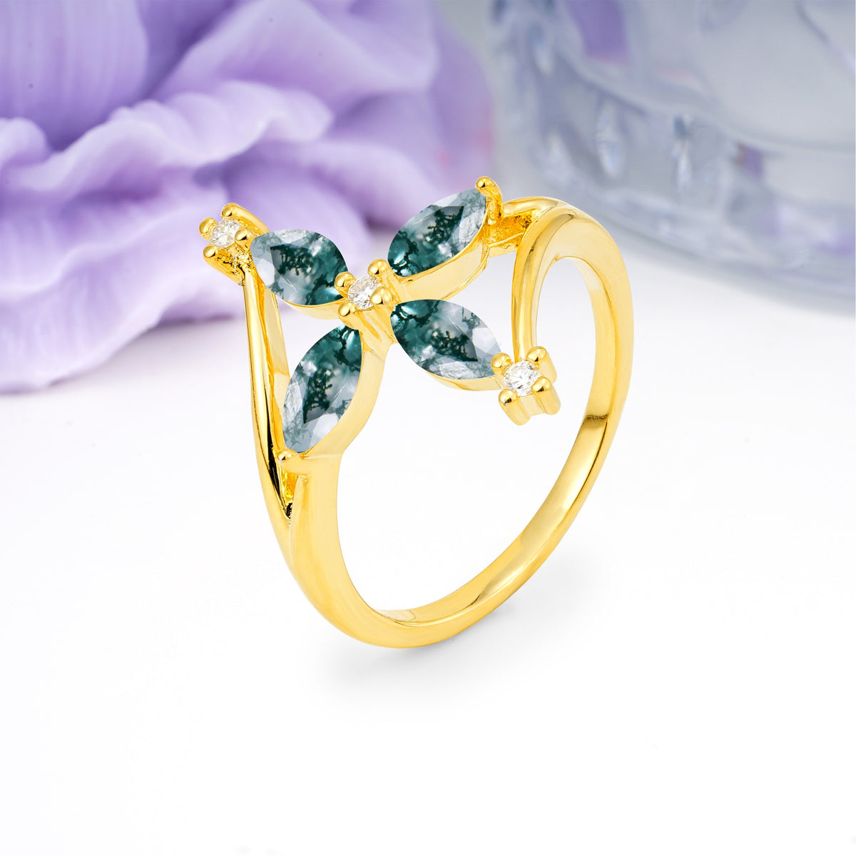 Four Marquise Cut Cross Flower Moss Agate Wedding Ring - Additional view