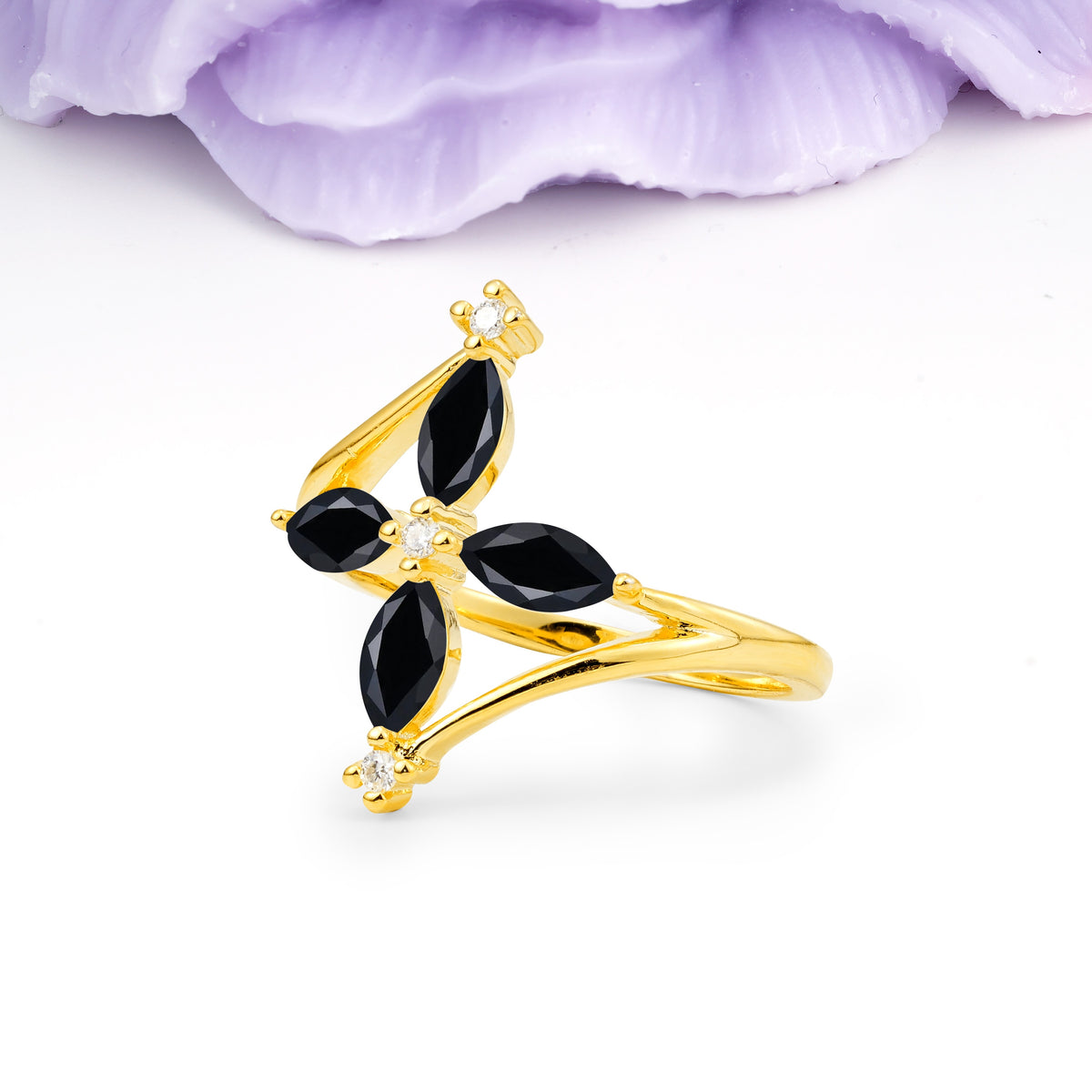 Four Marquise Cut Cross Flower Black Onyx Wedding Ring - Additional view