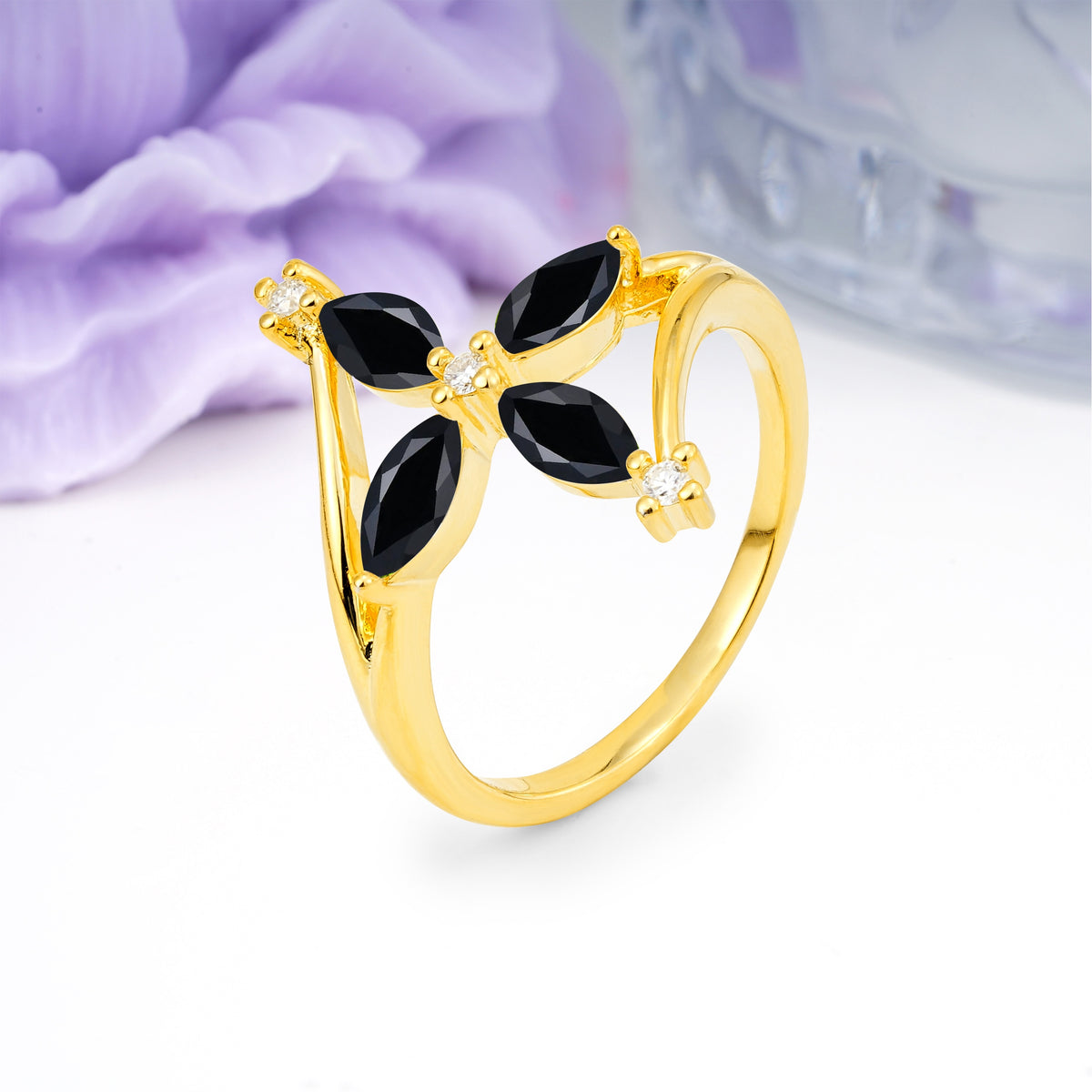 Four Marquise Cut Cross Flower Black Onyx Wedding Ring - Additional view