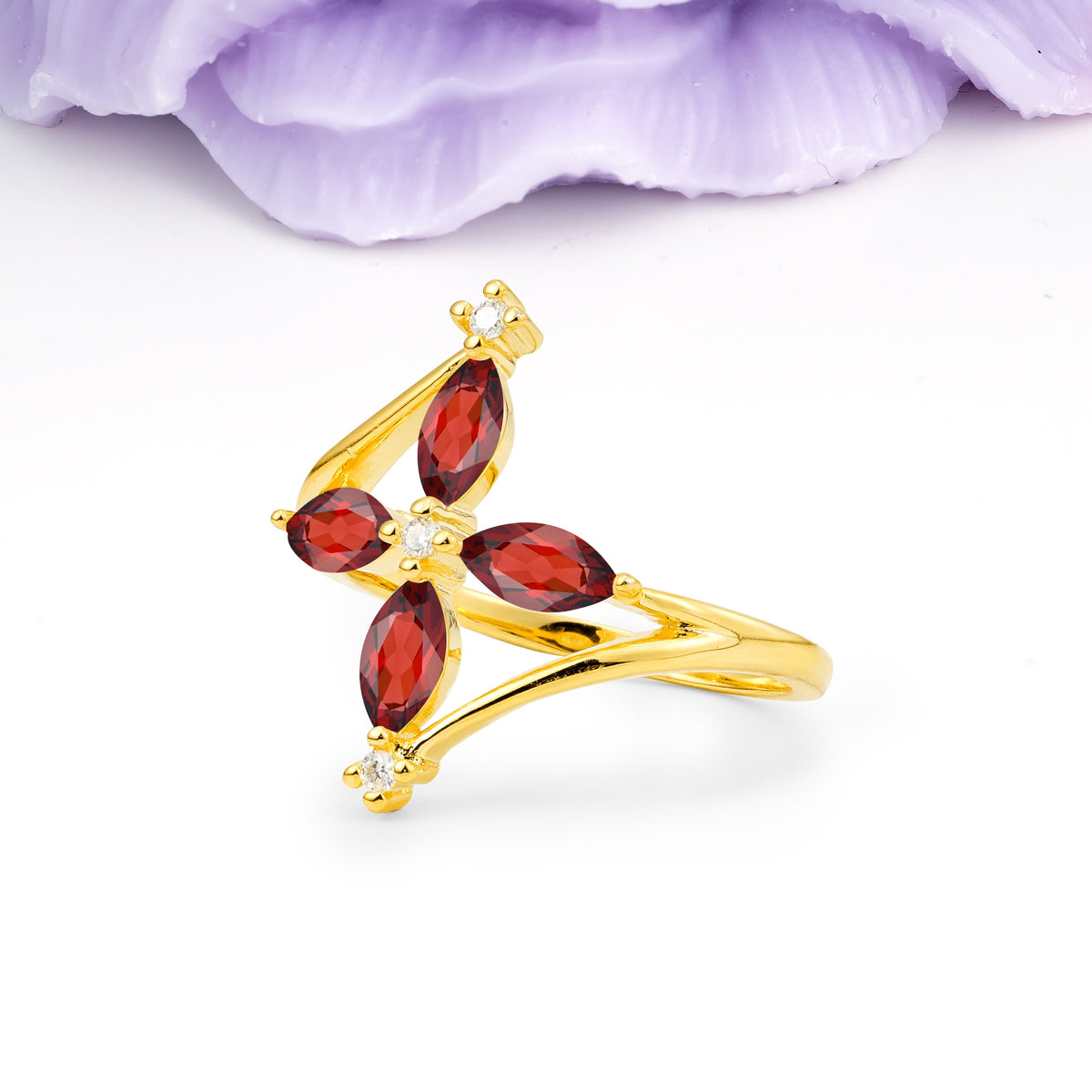 Four Marquise Cut Cross Flower Garnet Wedding Ring - Additional view
