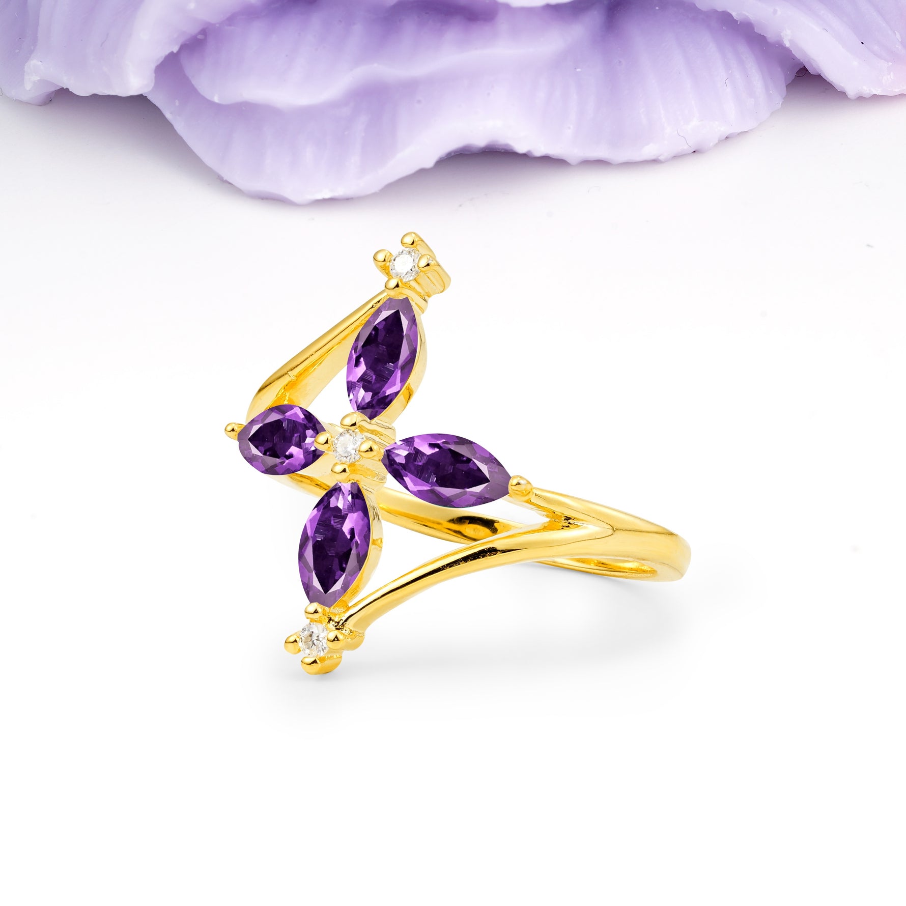 Four Marquise Cut Cross Flower Amethyst Wedding Ring - Additional view