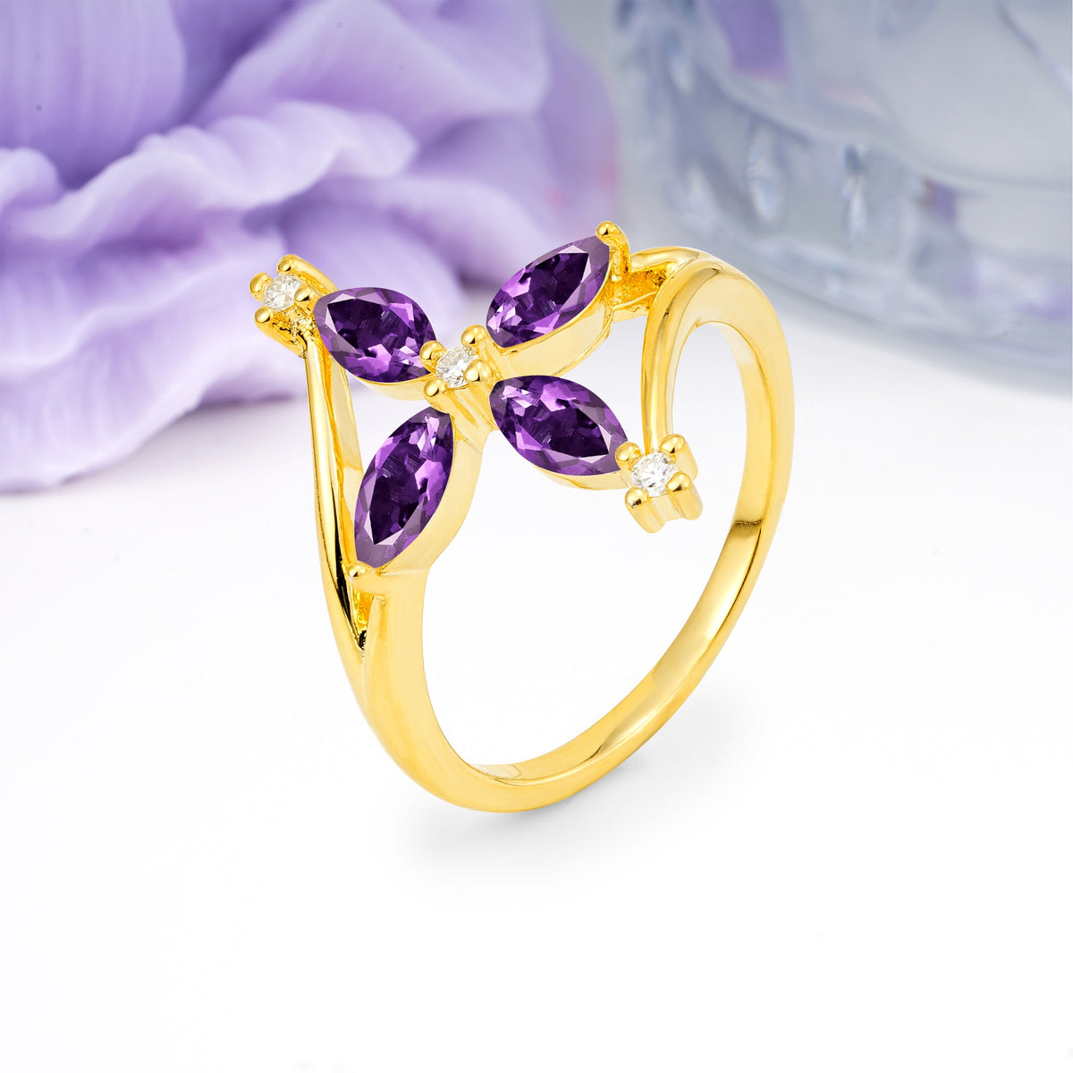 Four Marquise Cut Cross Flower Amethyst Wedding Ring - Additional view