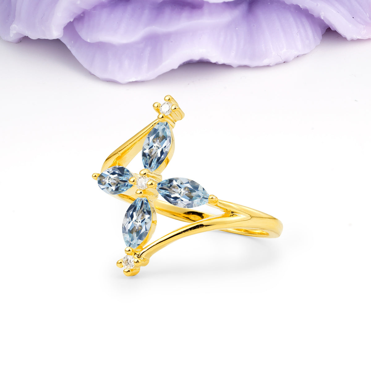 Four Marquise Cut Cross Flower Aquamarine Wedding Ring - Additional view
