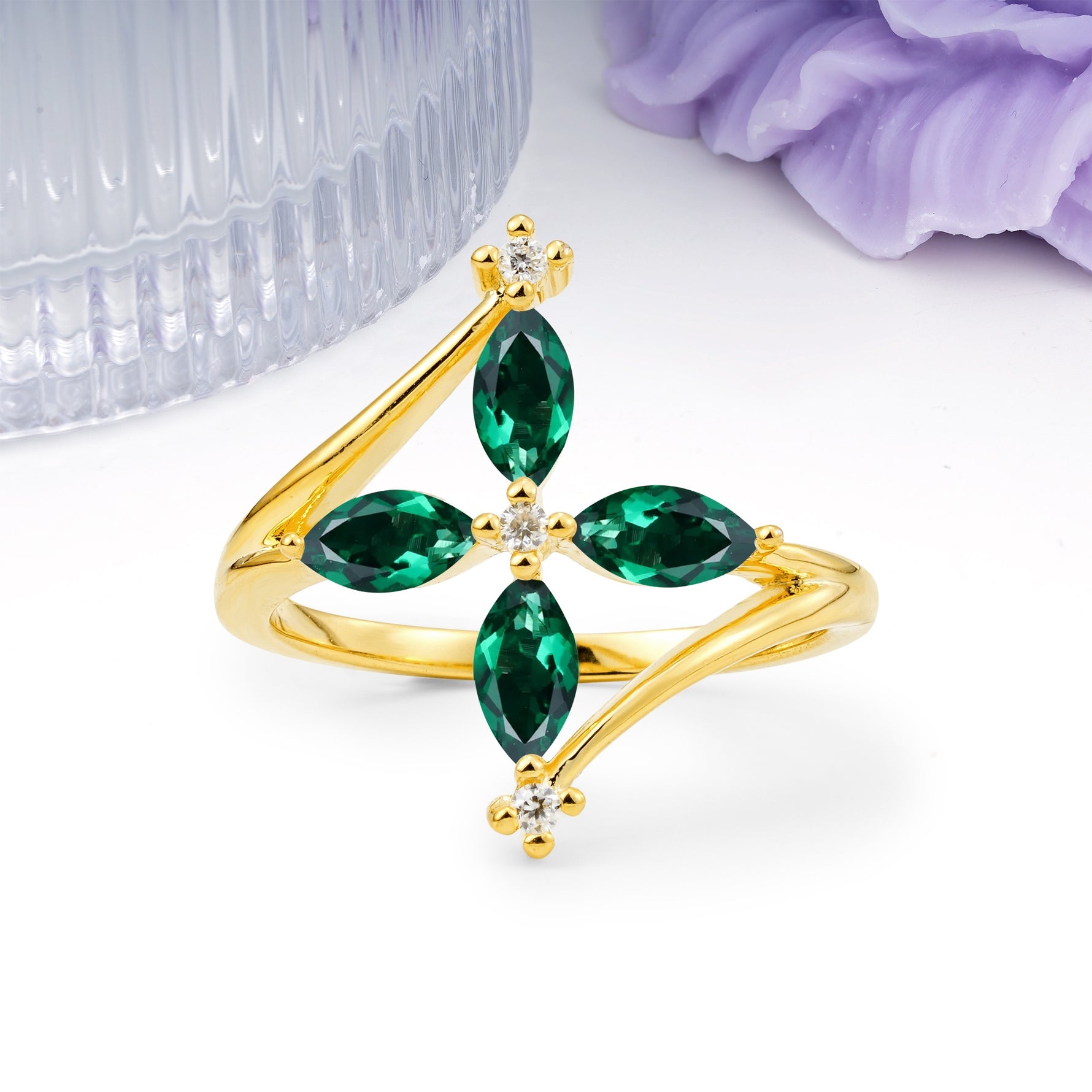Four Marquise Cut Cross Flower Emerald Wedding Ring - Additional view