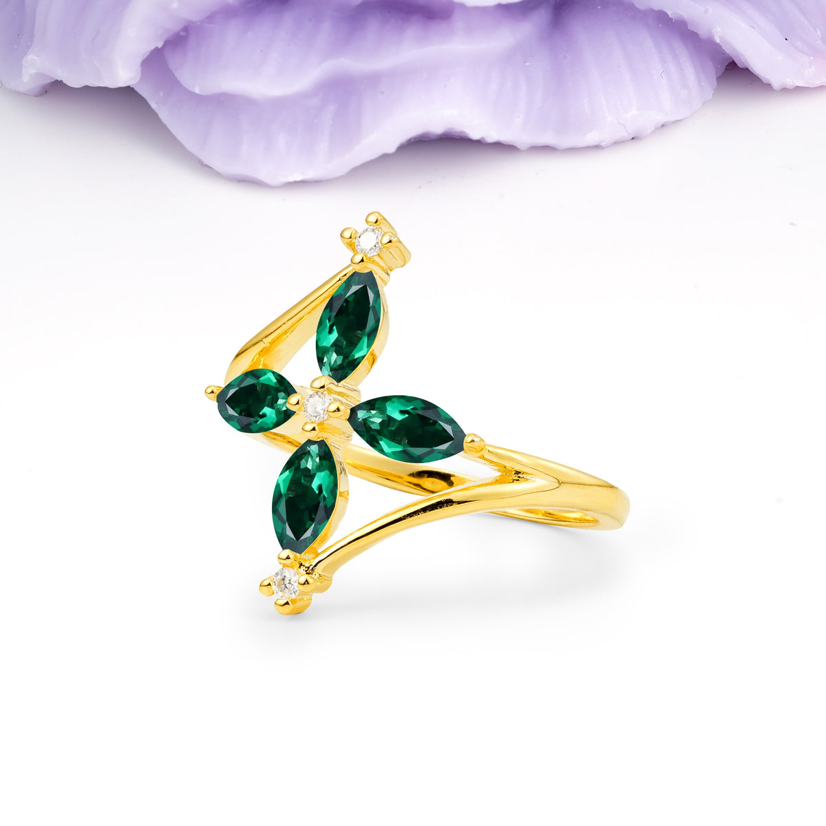 Four Marquise Cut Cross Flower Emerald Wedding Ring - Additional view