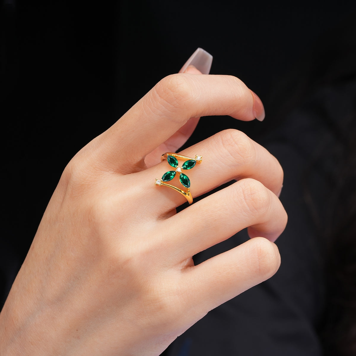 Four Marquise Cut Cross Flower Emerald Wedding Ring - Additional view