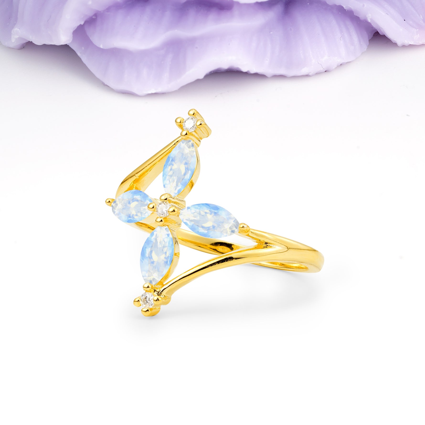 Four Marquise Cut Cross Flower Moonstone Wedding Ring - Additional view