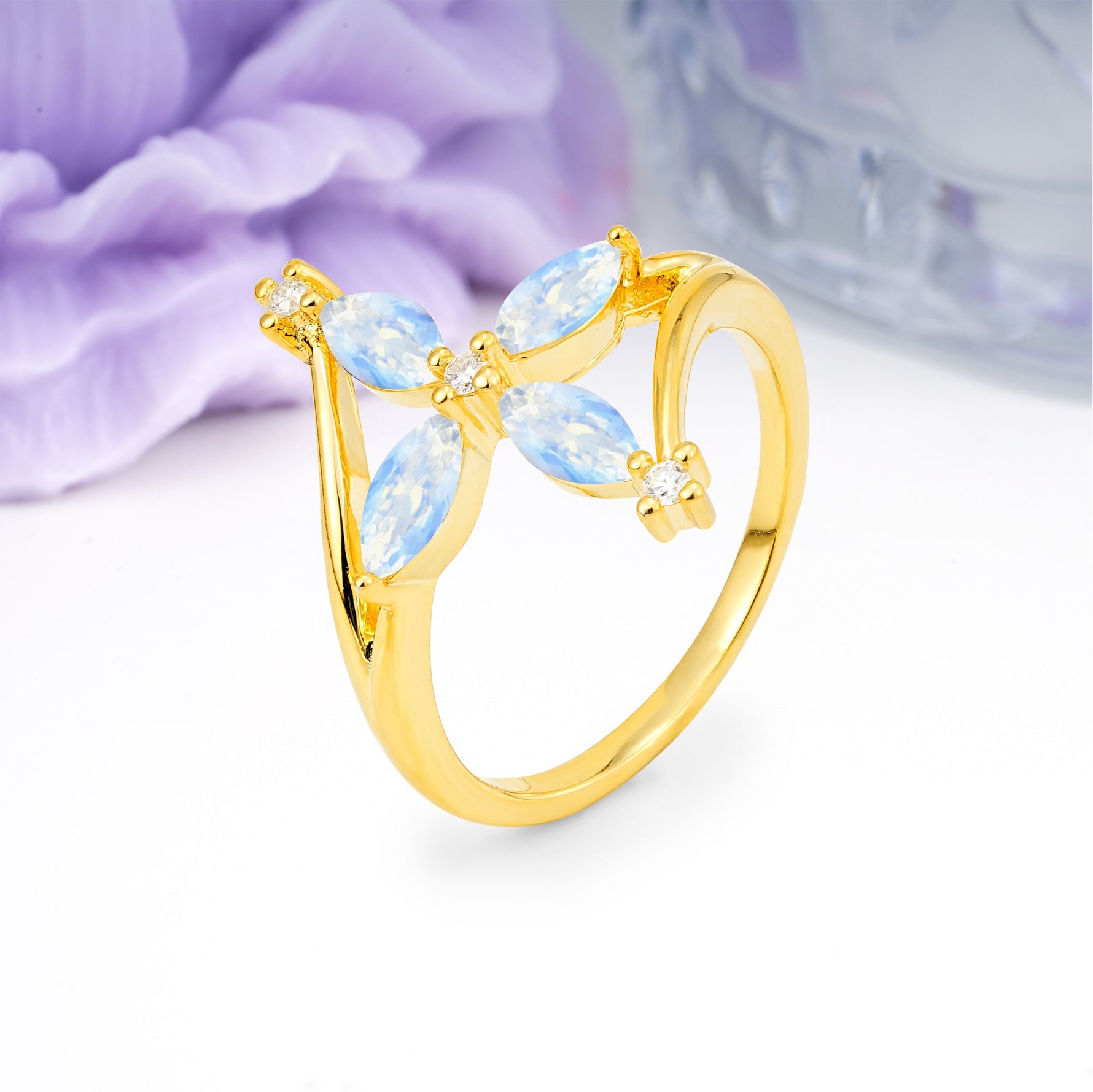 Four Marquise Cut Cross Flower Moonstone Wedding Ring - Additional view