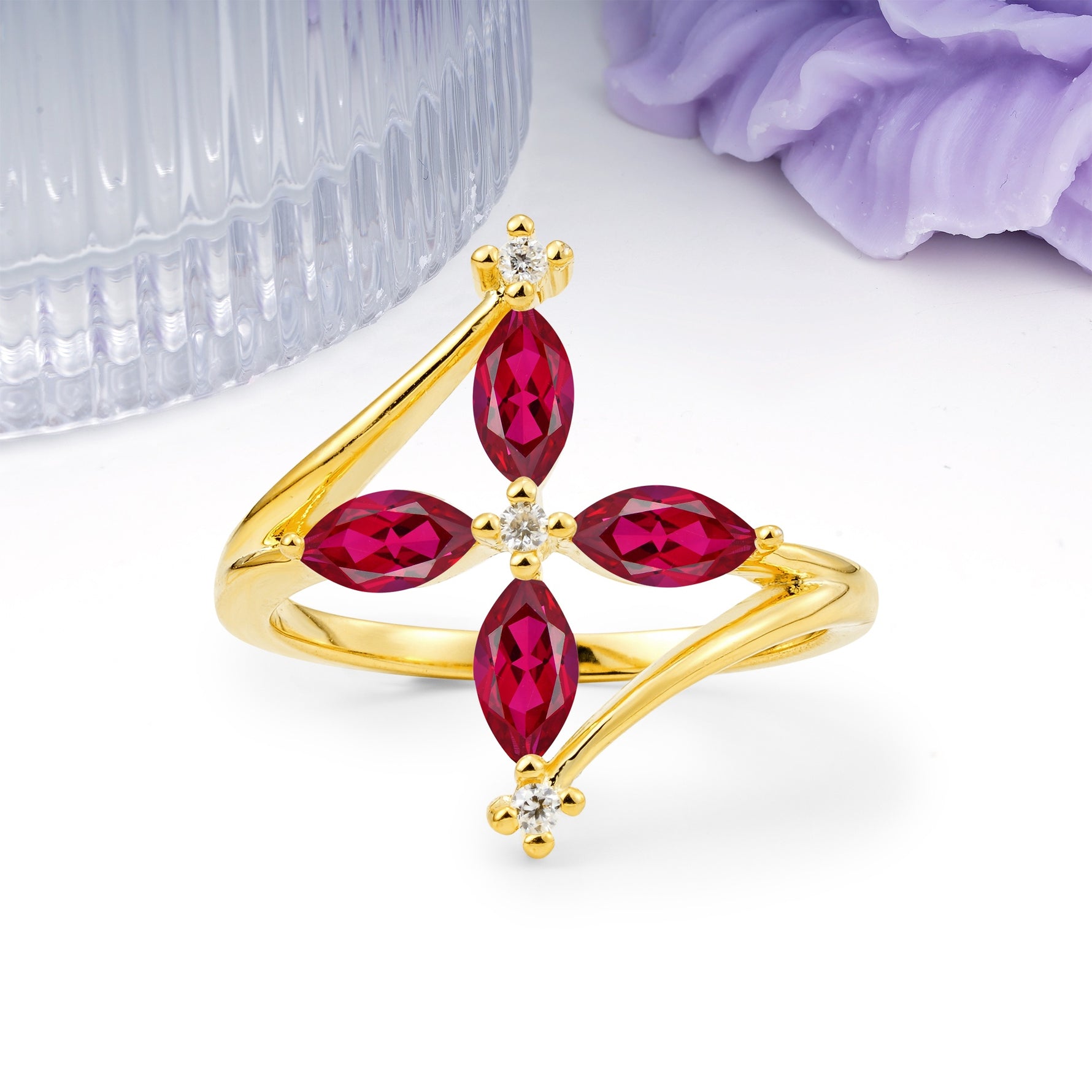 Four Marquise Cut Cross Flower Ruby Wedding Ring - Additional view