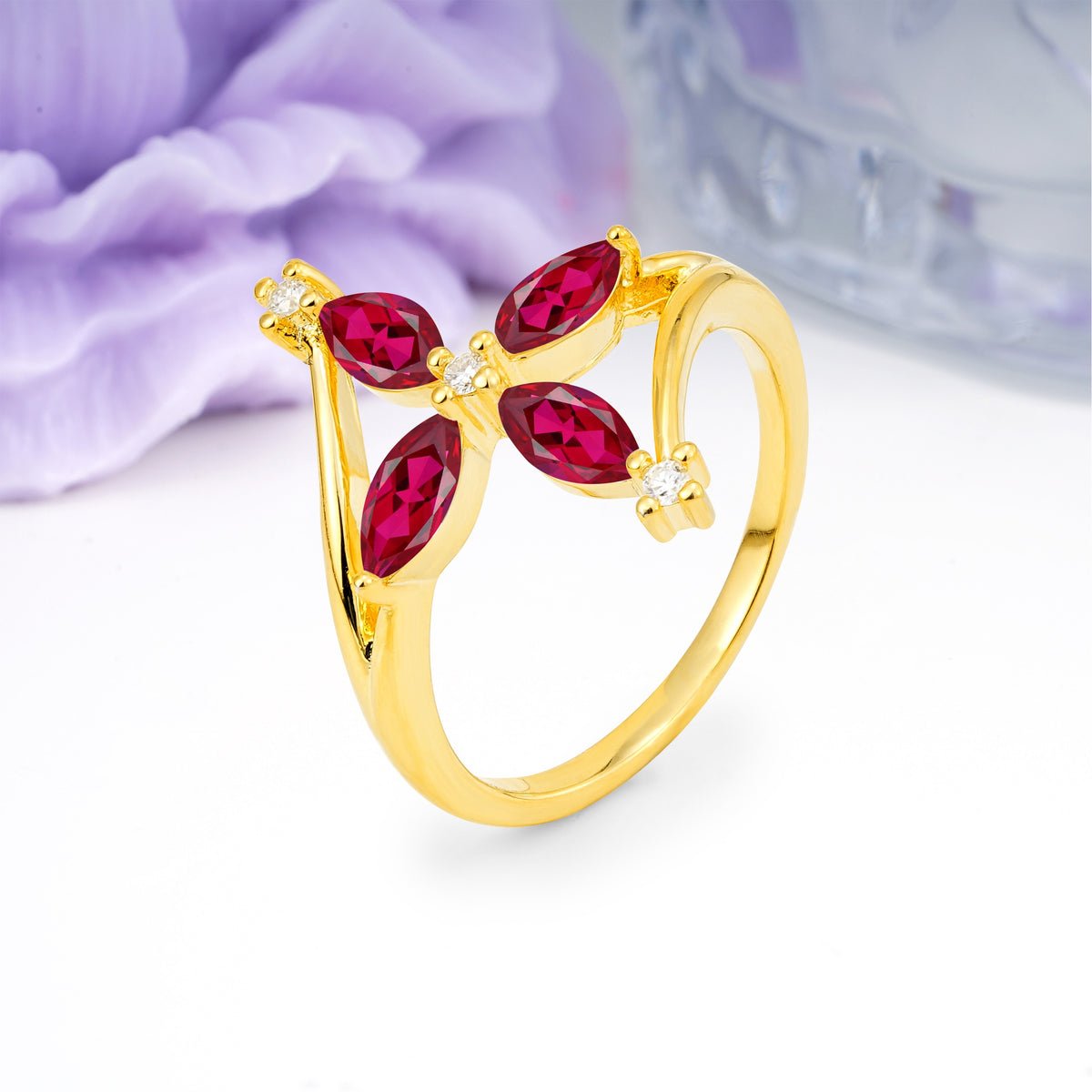 Four Marquise Cut Cross Flower Ruby Wedding Ring - Additional view