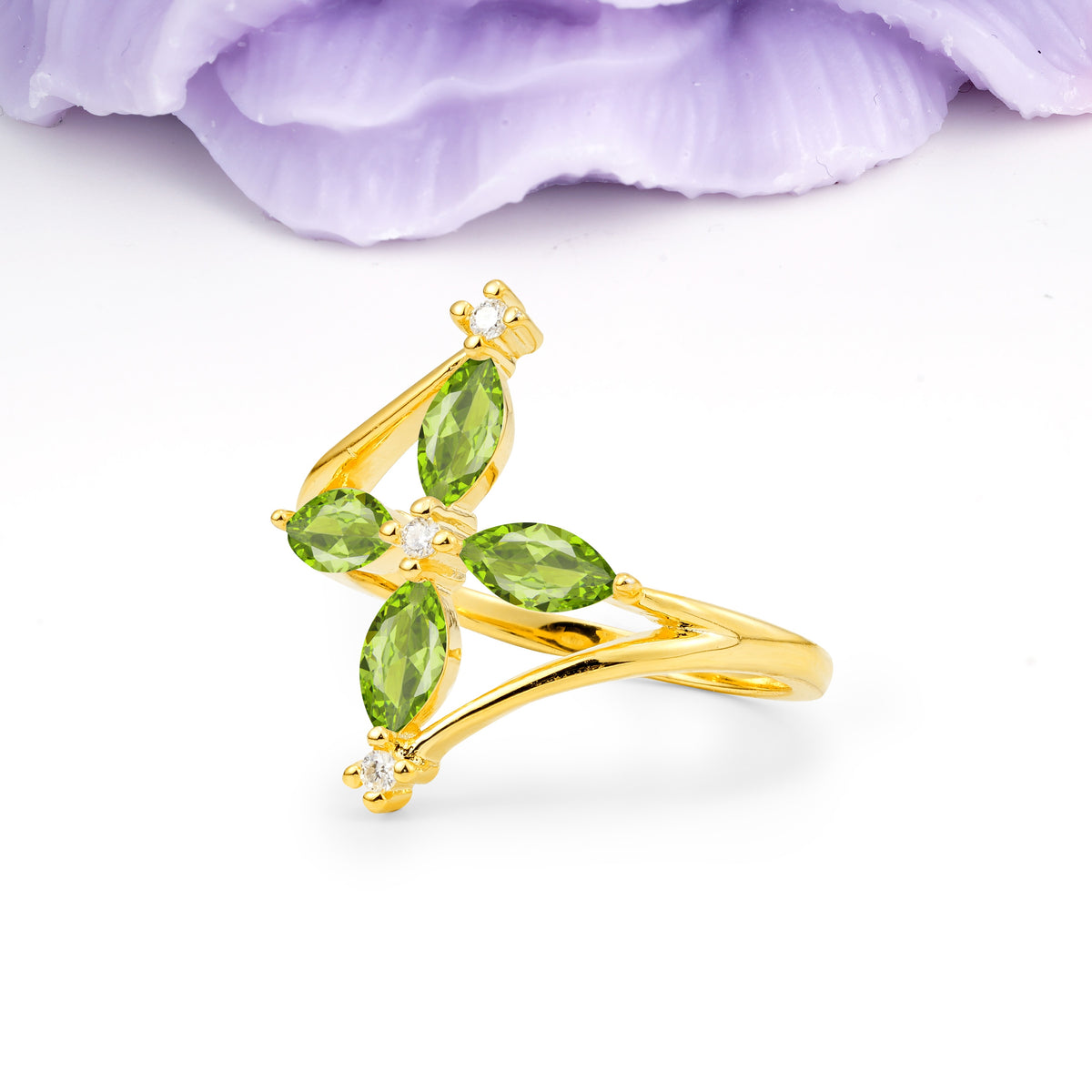 Four Marquise Cut Cross Flower Peridot Wedding Ring - Additional view
