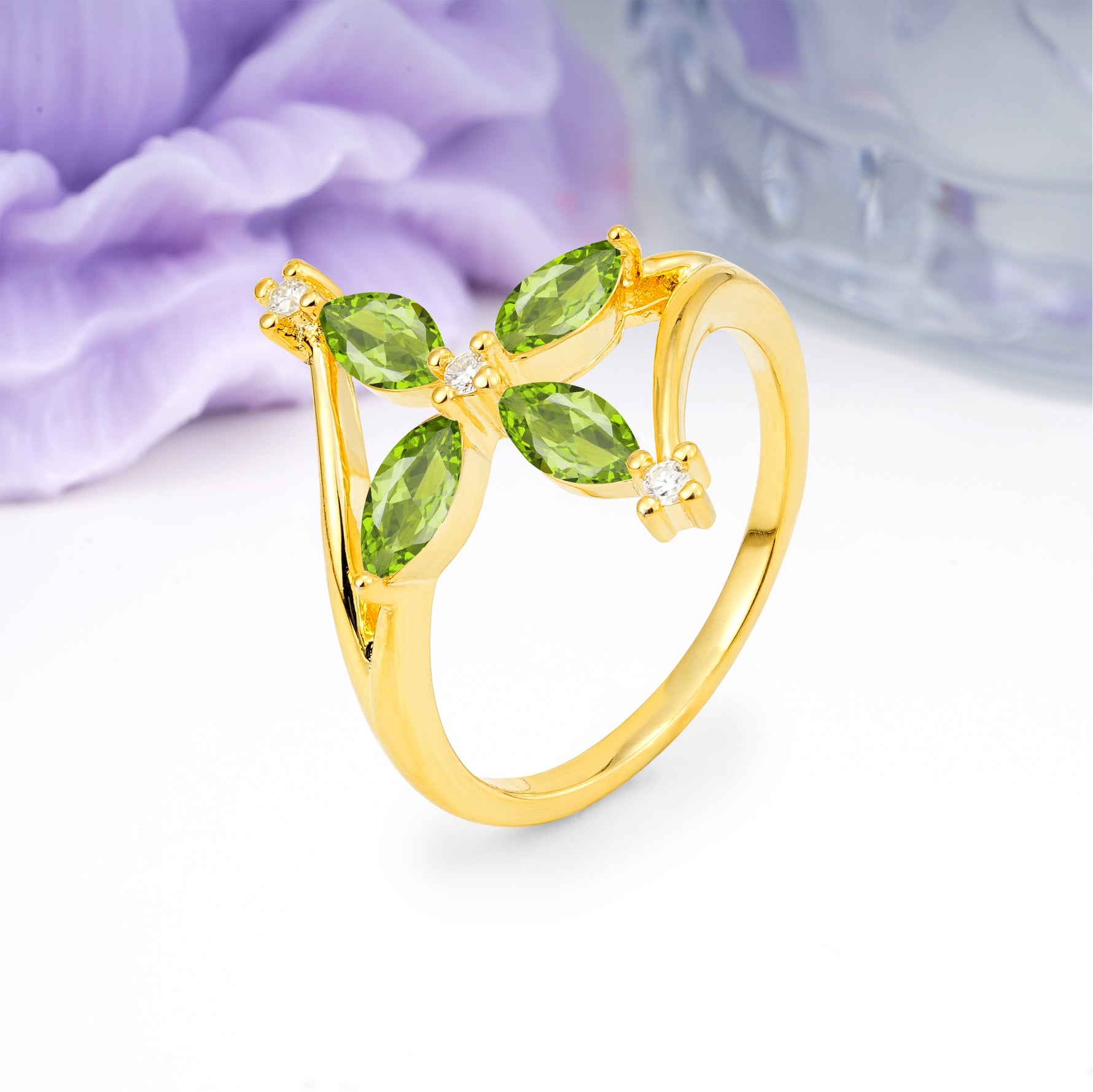 Four Marquise Cut Cross Flower Peridot Wedding Ring - Additional view