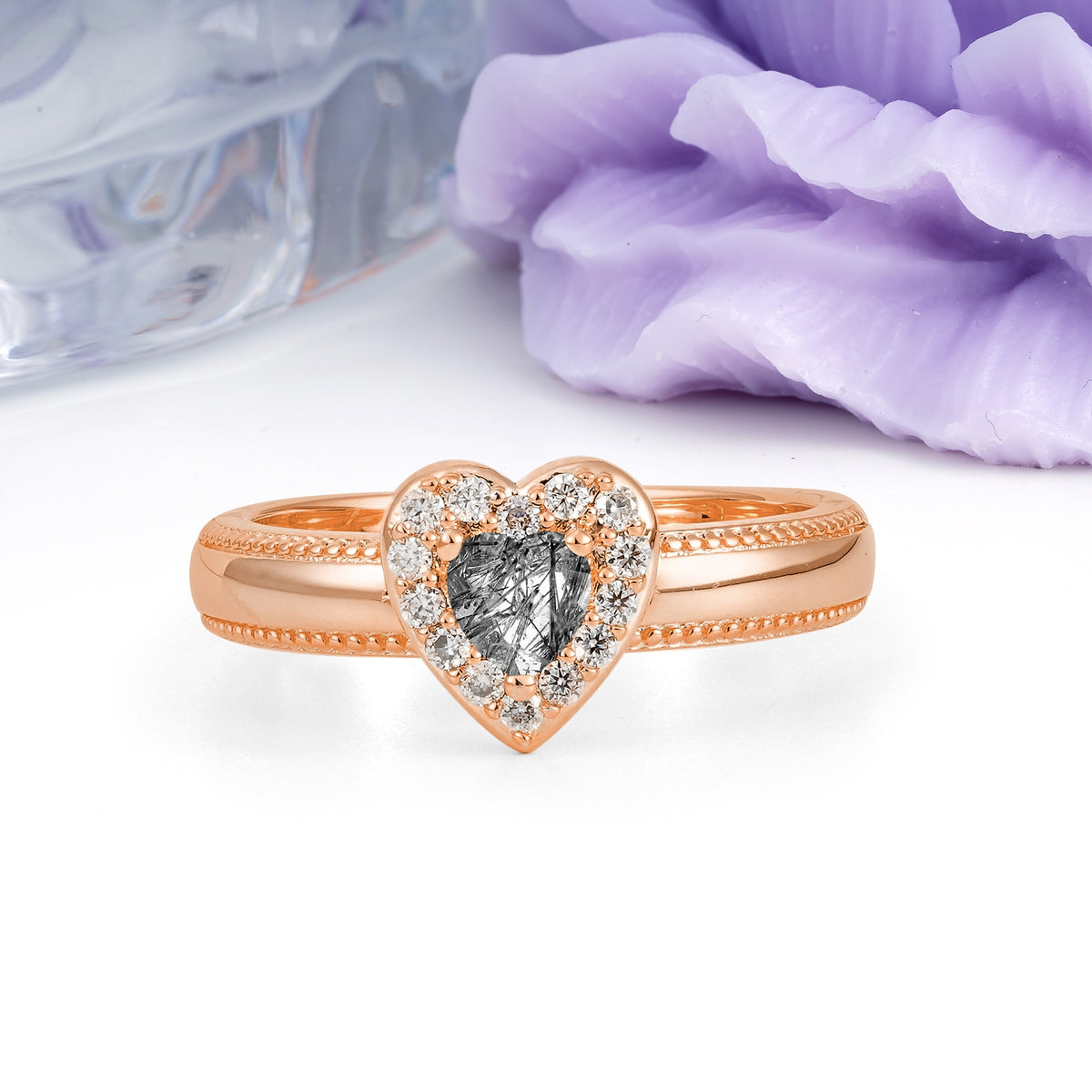 Classic Vintage 3 Prong Heart Cut Black Rutilated Quartz Engagement Ring - Additional view