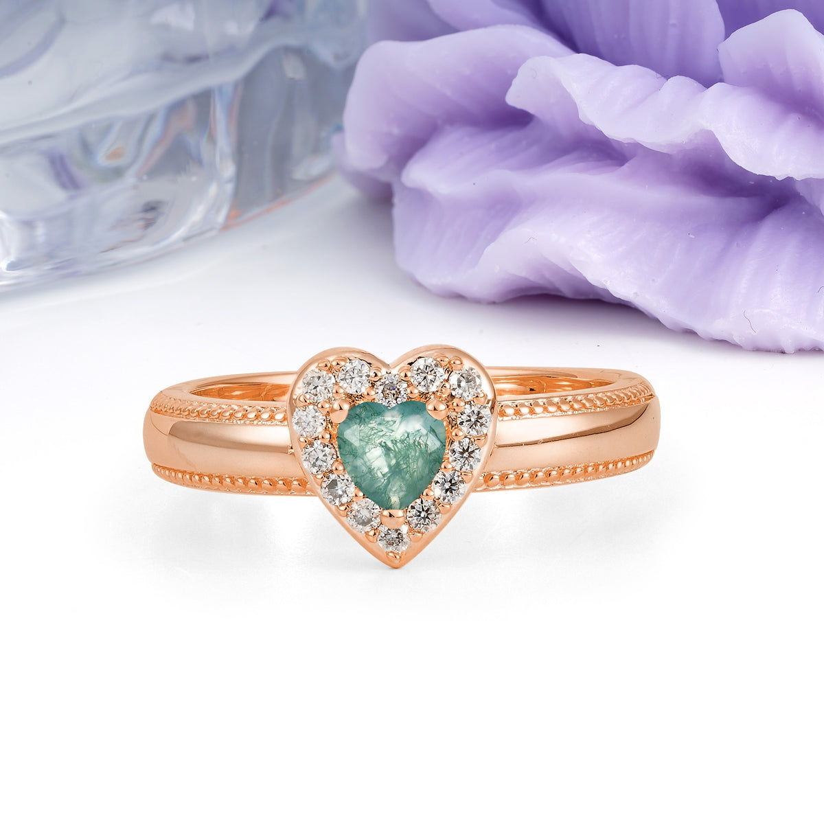 Classic Vintage 3 Prong Heart Cut Moss Agate Engagement Ring - Additional view