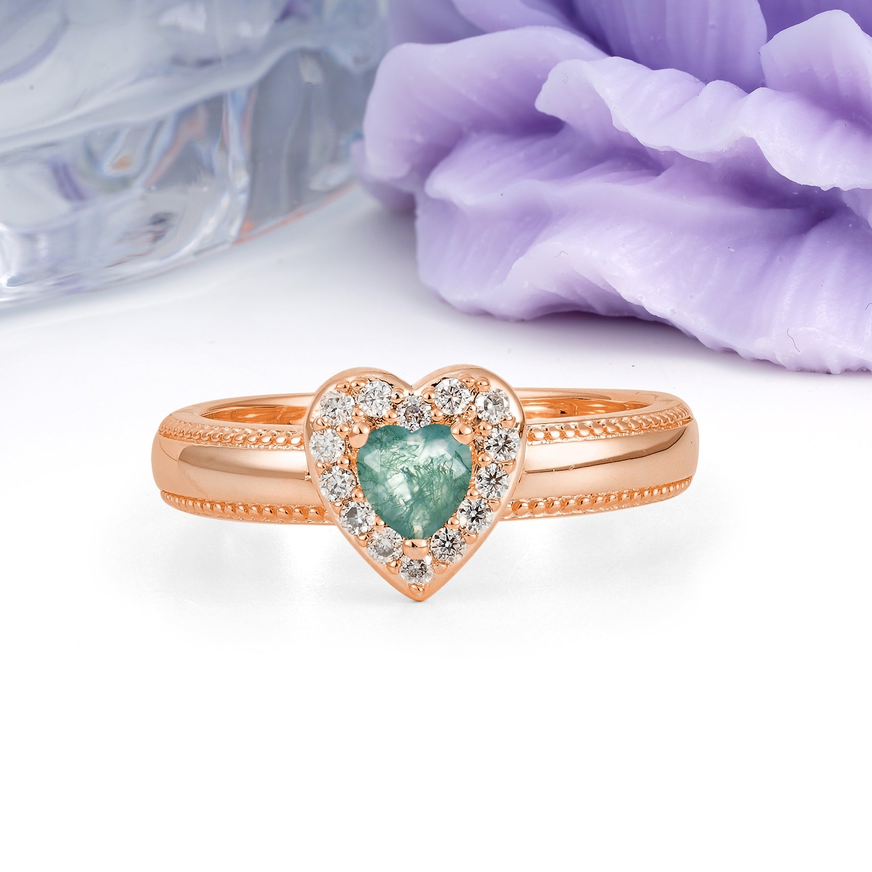 Classic Vintage 3 Prong Heart Cut Moss Agate Engagement Ring - Additional view