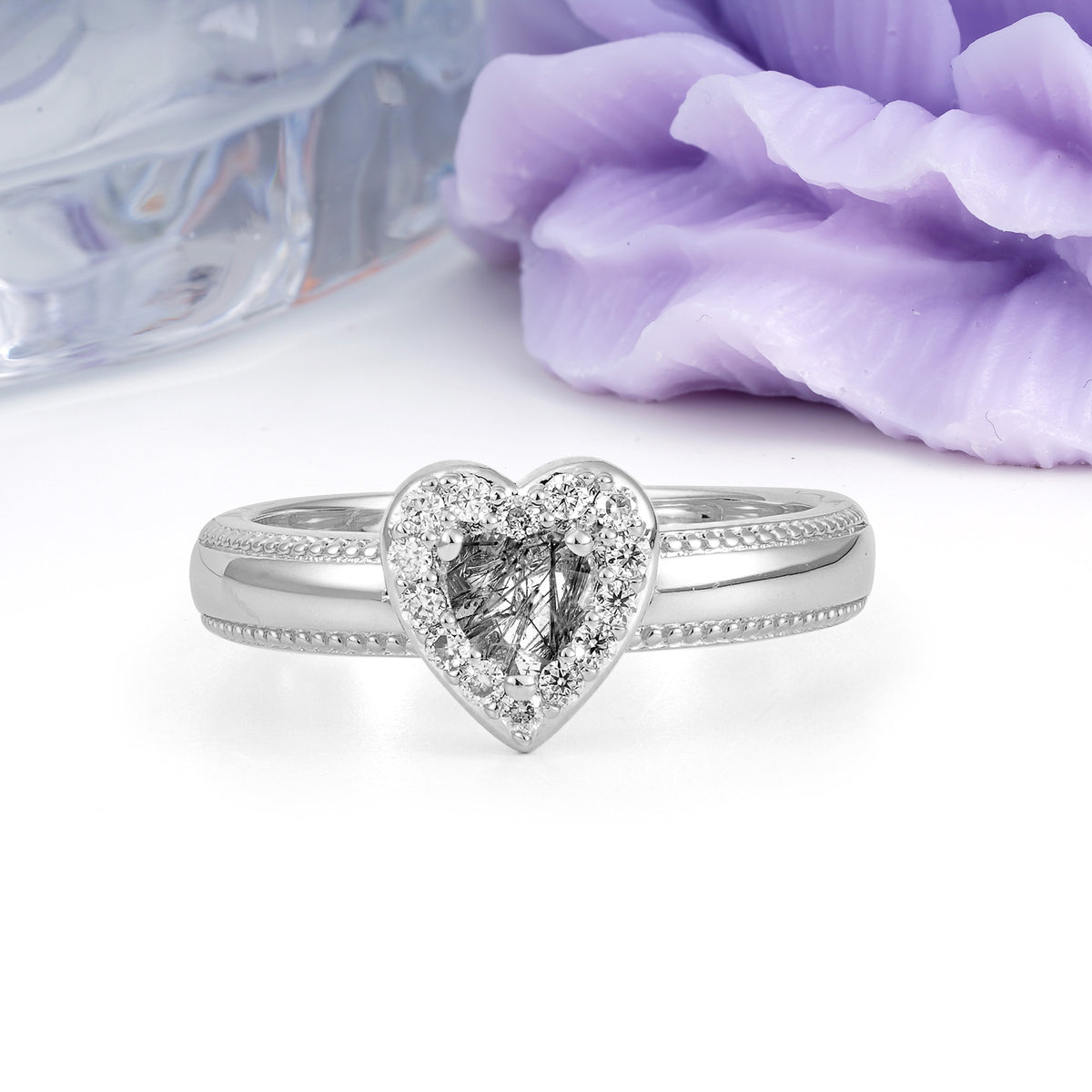 Classic Vintage 3 Prong Heart Cut Black Rutilated Quartz Engagement Ring - Additional view