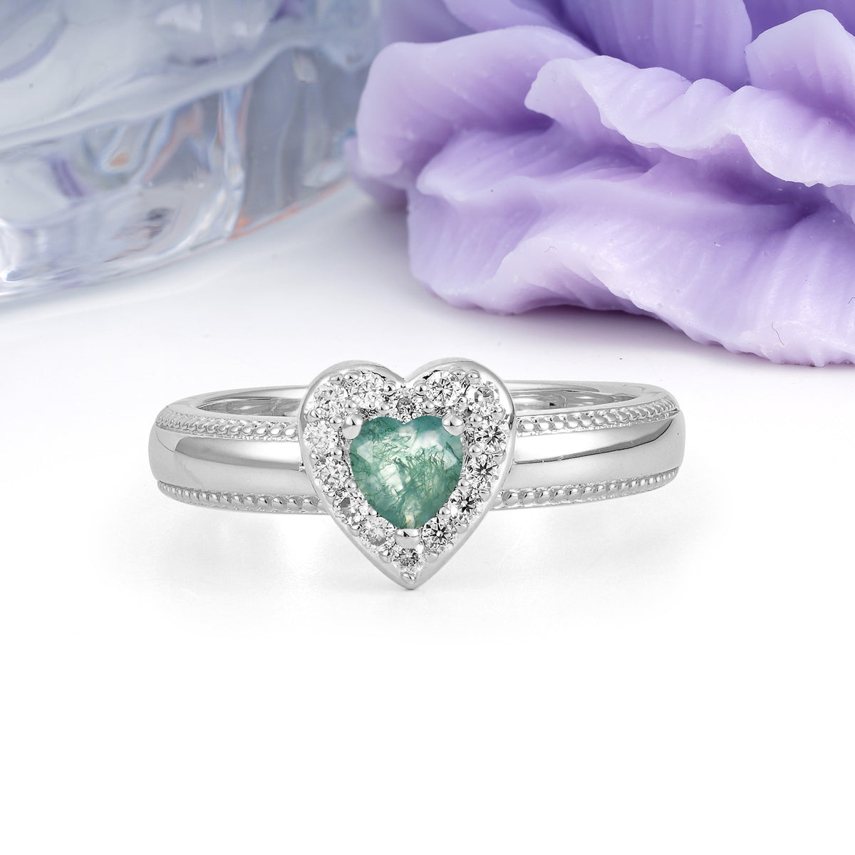 Classic Vintage 3 Prong Heart Cut Moss Agate Engagement Ring - Additional view