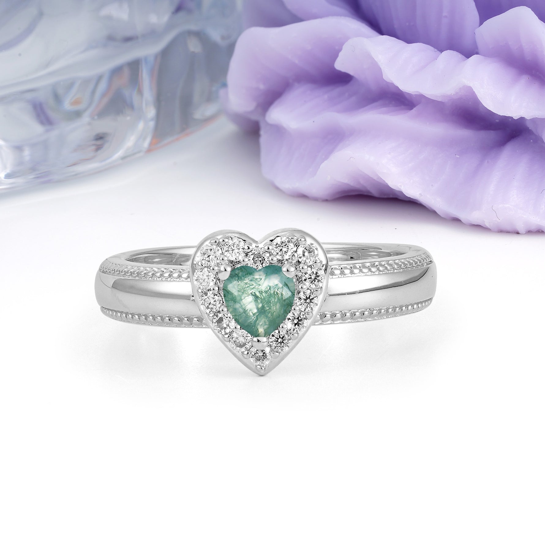 Classic Vintage 3 Prong Heart Cut Moss Agate Engagement Ring - Additional view