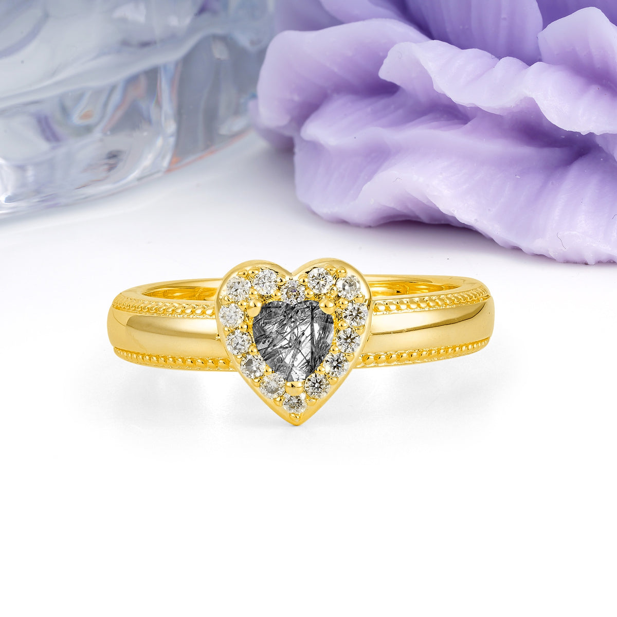 Classic Vintage 3 Prong Heart Cut Black Rutilated Quartz Engagement Ring - Additional view