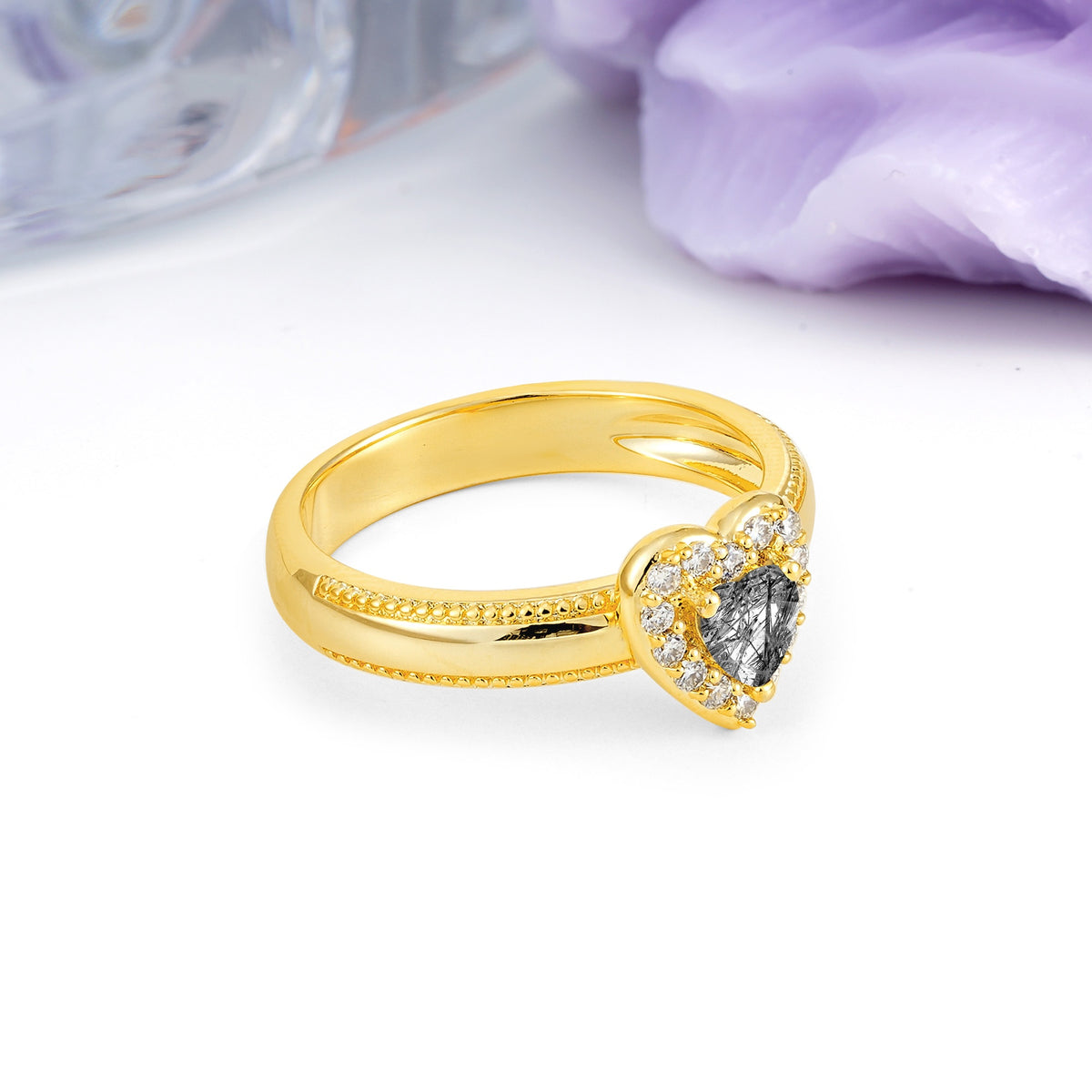 Classic Vintage 3 Prong Heart Cut Black Rutilated Quartz Engagement Ring - Additional view