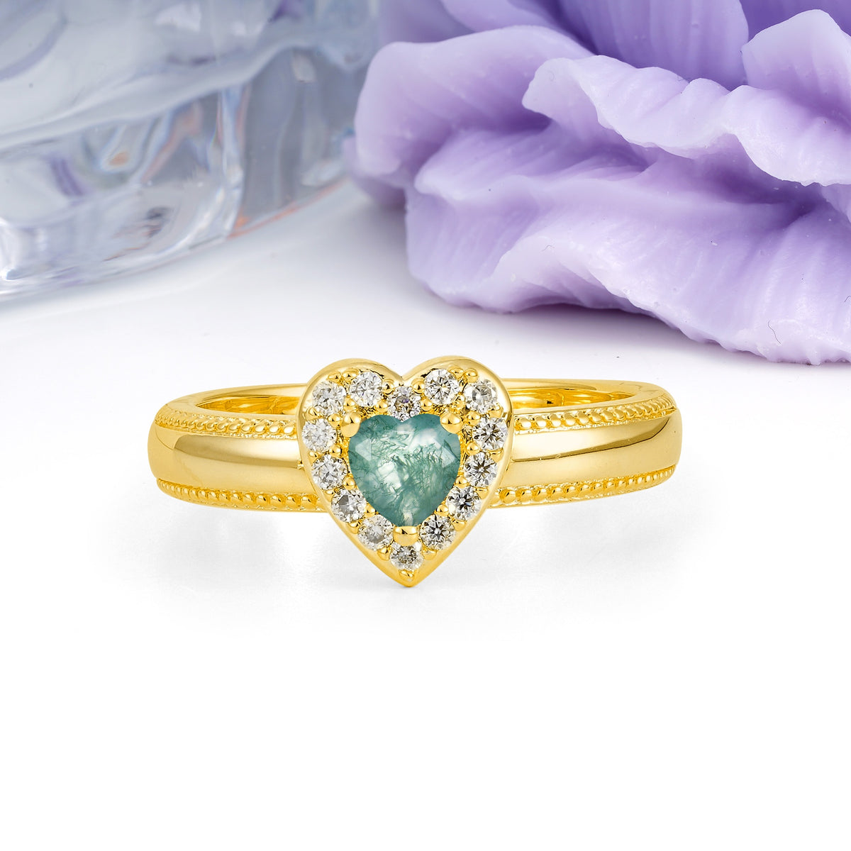Classic Vintage 3 Prong Heart Cut Moss Agate Engagement Ring - Additional view